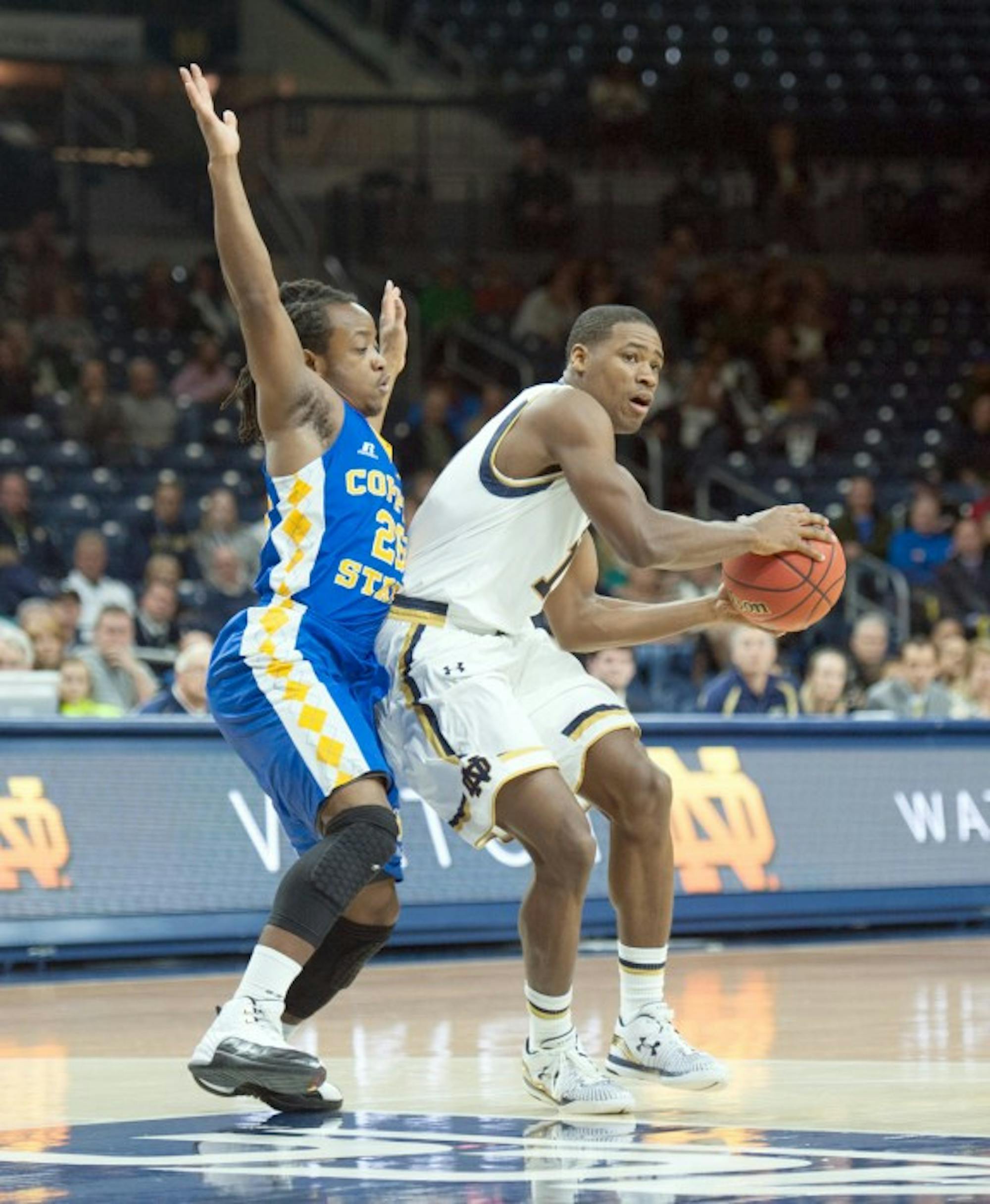 Irish sophomore guard Demetrius Jackson looks to pass during Notre Dame’s 104-67 win over Coppin State on Nov. 19 at Purcell Pavilion.