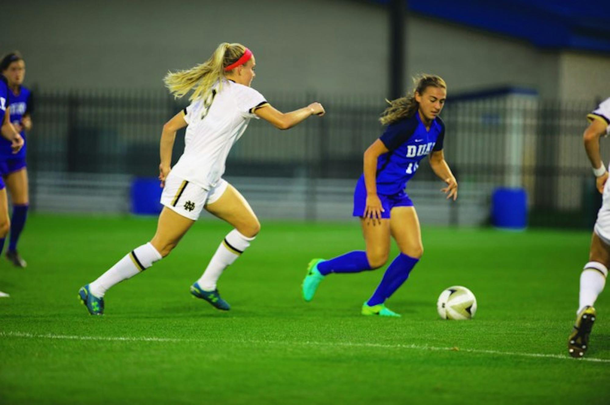 Irish sophomore forward Natalie Jacobs chases down an opponent during Notre Dame’s 3-0 loss to Duke on Sept. 21 at Alumni Stadium. Jacobs is currently Notre Dame’s leading scorer with 19 points on the year.