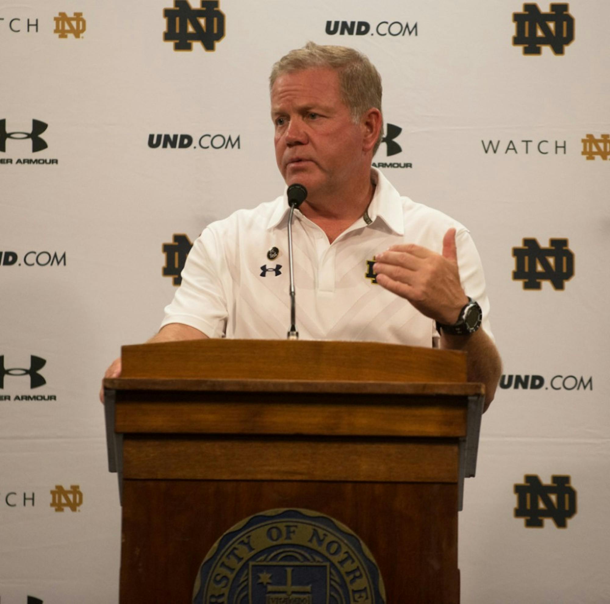 Irish head coach Brian Kelly addresses the media after Notre Dame's 38-3 victory over Texas at Notre Dame Stadium to open the 2015 season.