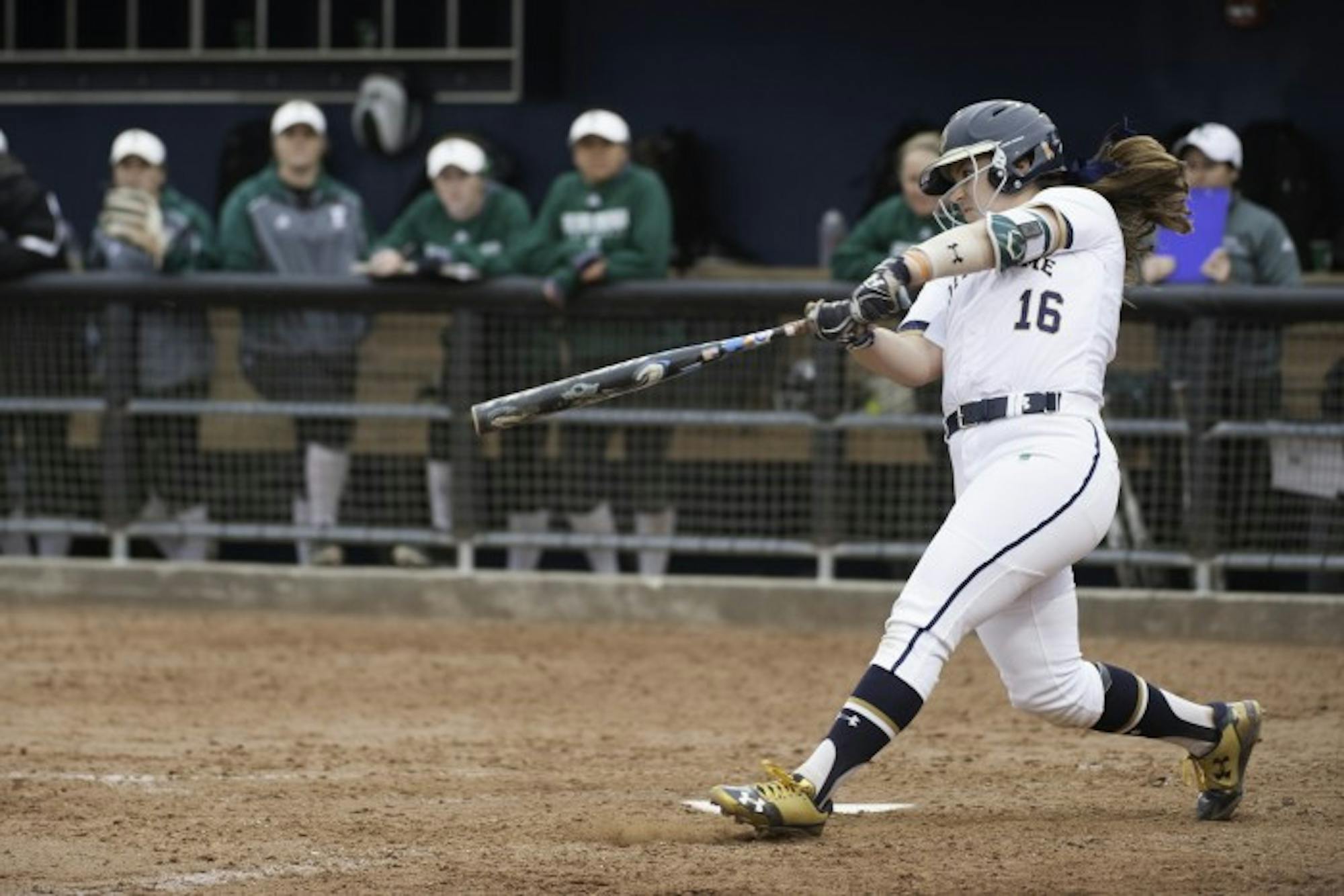 Irish sophomore infielder Caitlyn Brooks swings at a pitch during Notre Dame's 1-0 win over Eastern Michigan on March 29 at Melissa Cook Stadium.