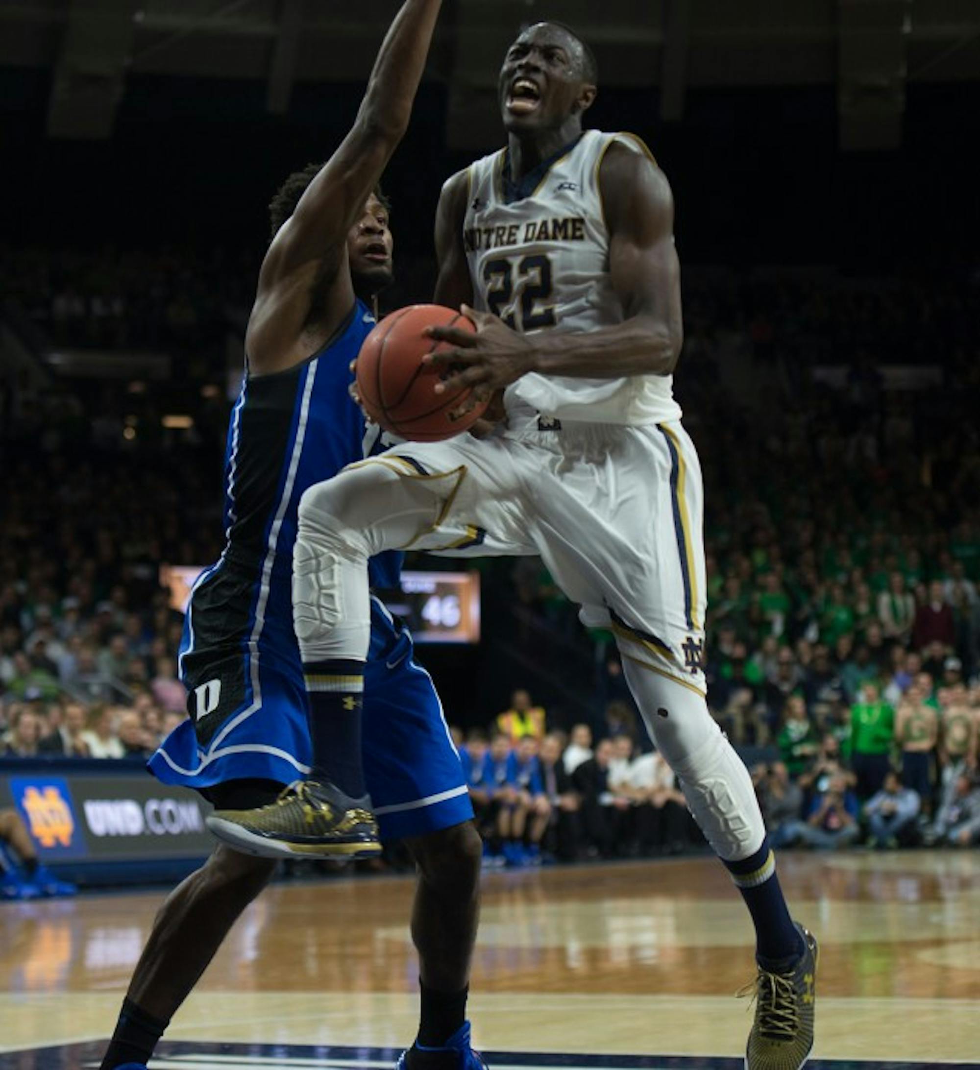 Irish senior guard Jerian Grant drives through a defender in the lane during Notre Dame’s 77-73 win over Duke on Wednesday.
