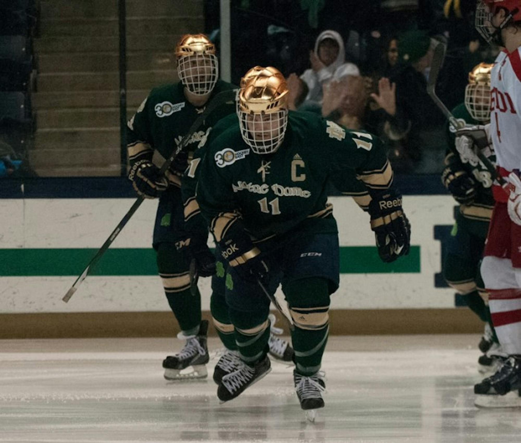 Senior Left Wing Jeff Costello skates down the ice during Notre Dame's 2-0 win over Boston on Feb. 22.