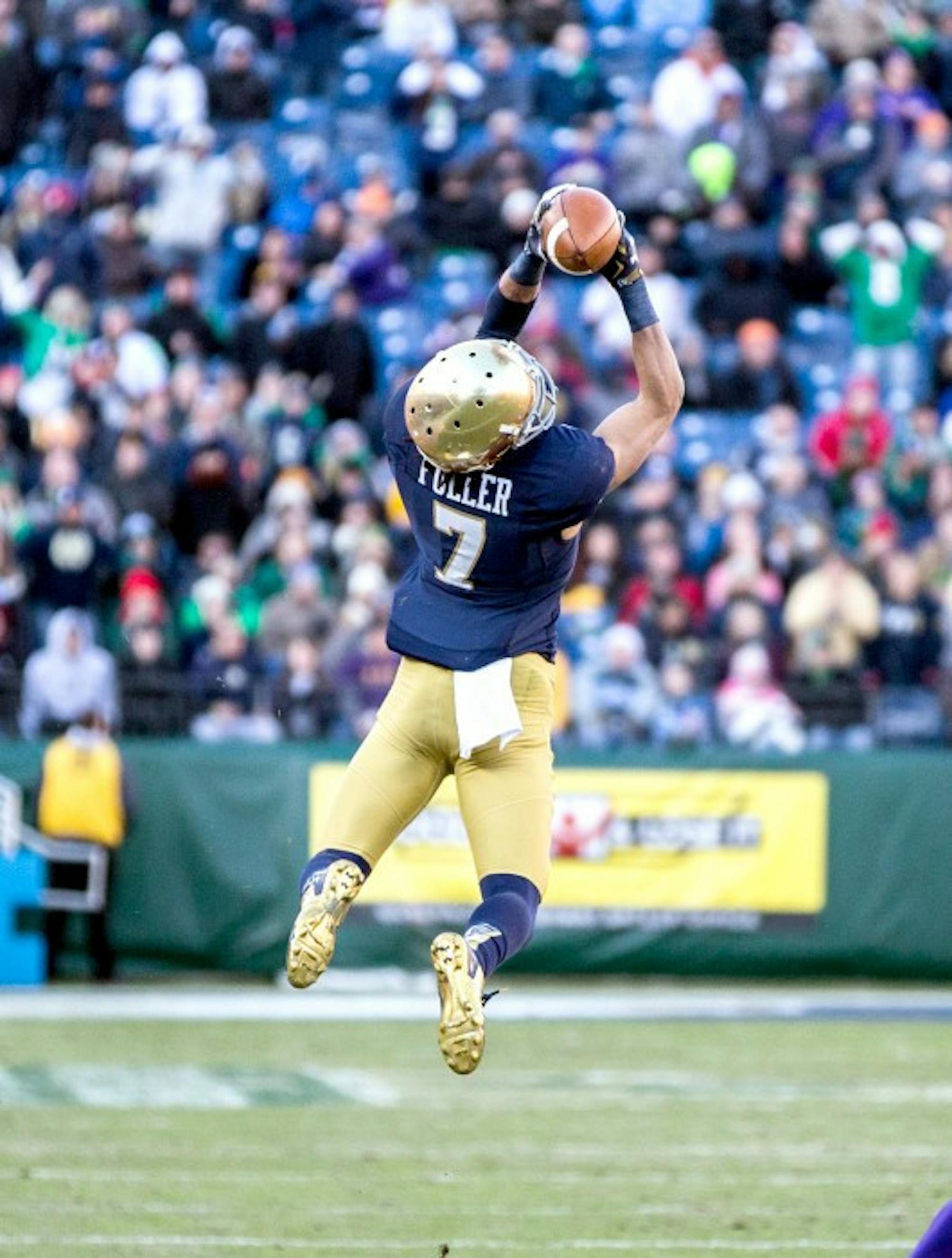 Irish sophomore receiver Will Fuller goes airborne to snag a pass during Notre Dame’s 31-28 victory over LSU in the Franklin American Mortgage Music City Bowl on Dec. 30. Fuller grabbed five passes and a score.