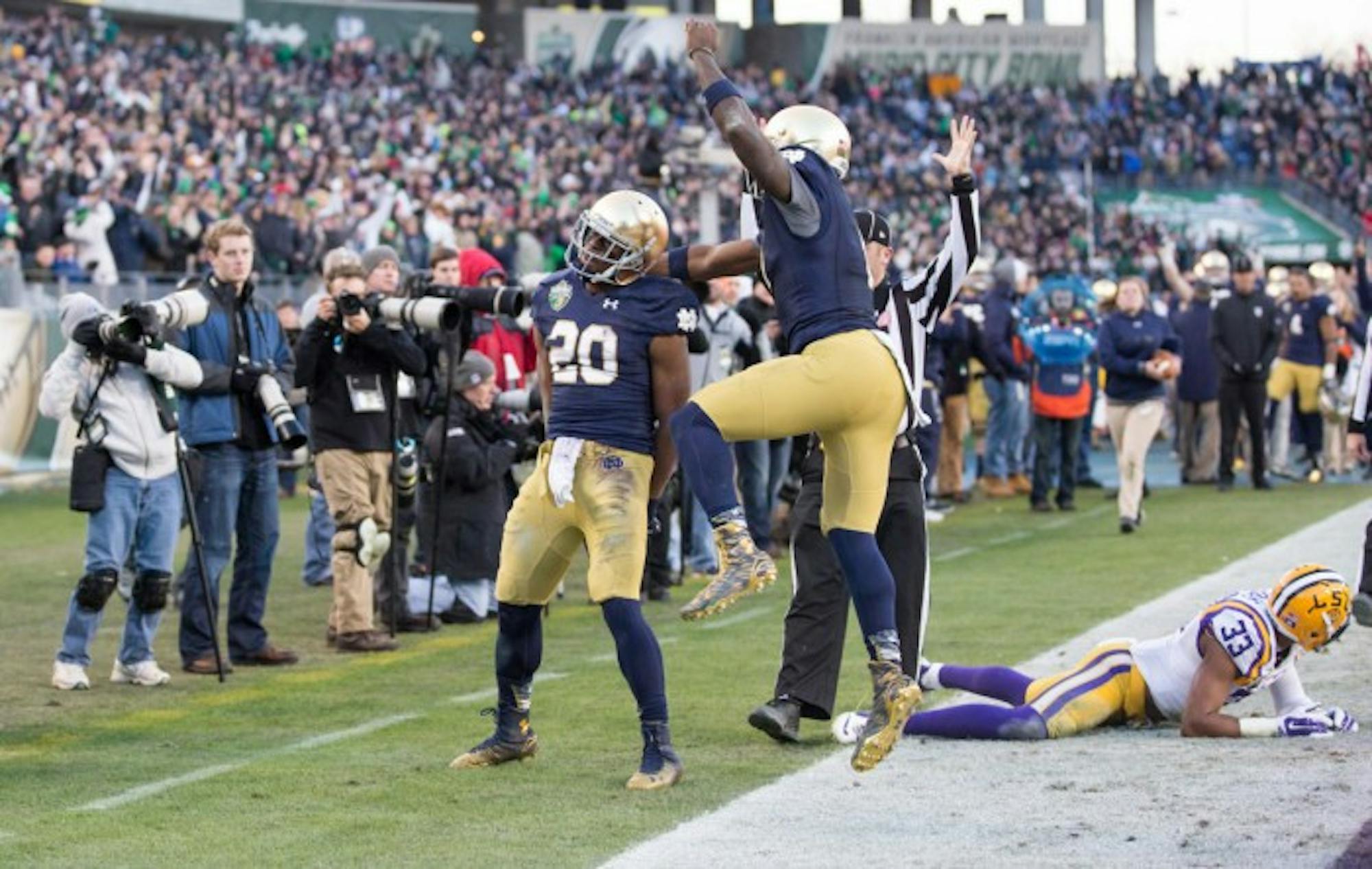 Senior C.J. Prosise celebrates his 50-yard touchdown rush during Notre Dame’s 31-28 win over LSU on Dec. 30 in the Music City Bowl.