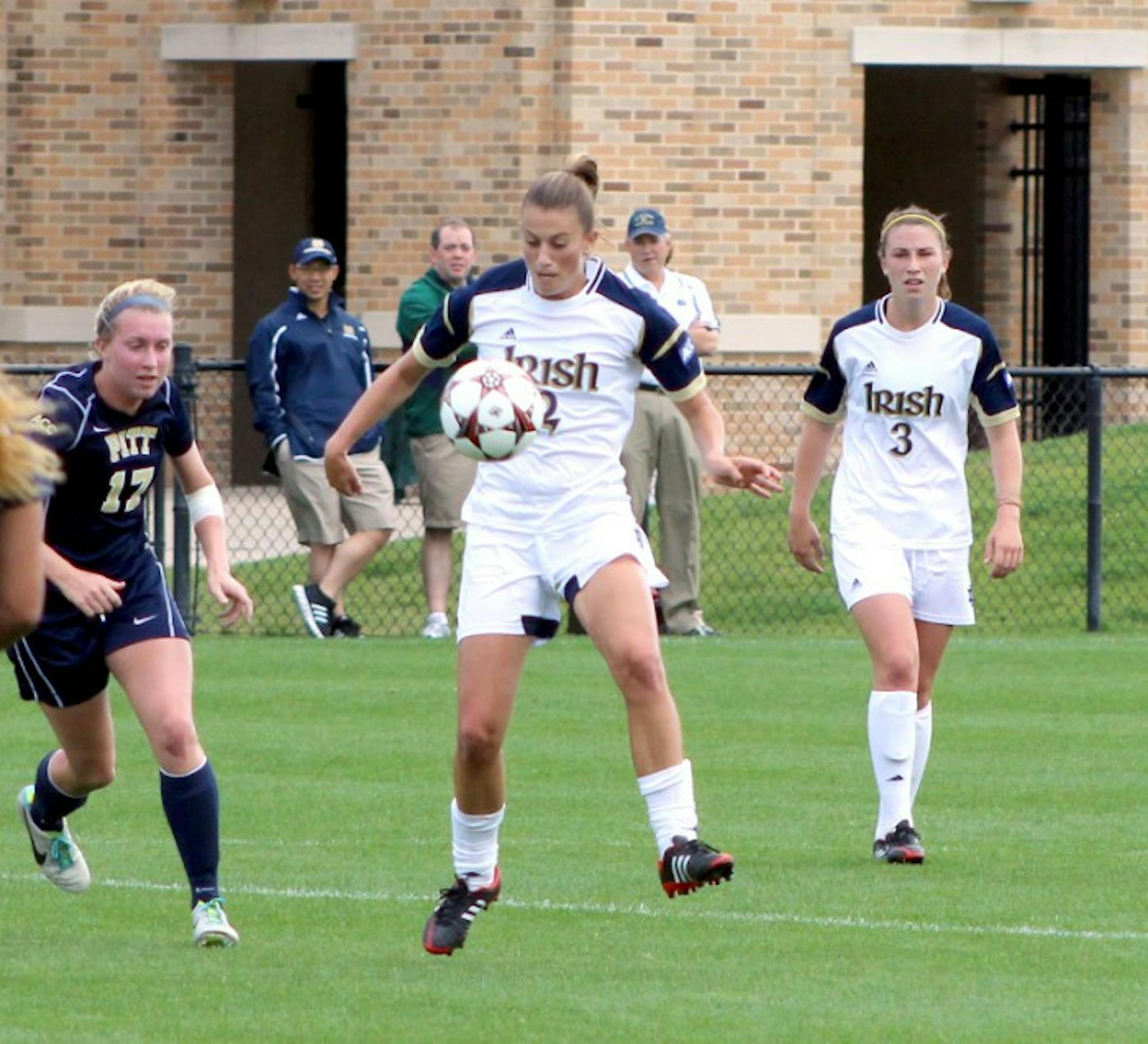 Senior midfielder Mandy Laddish traps the ball in Notre Dame’s 3-0 win against Pittsburgh on Sept. 29 at Alumni Stadium. Laddish  scored a goal and tallied five shots in the match, which brought Notre Dame’s record to 9-1.