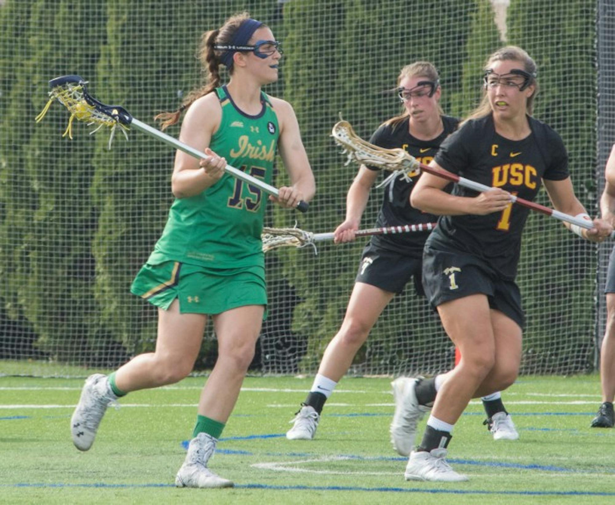 Irish junior attack Cortney Fortunato looks for the open pass during Notre Dame's 5-4 loss to USC on Monday at Arlotta Stadium.