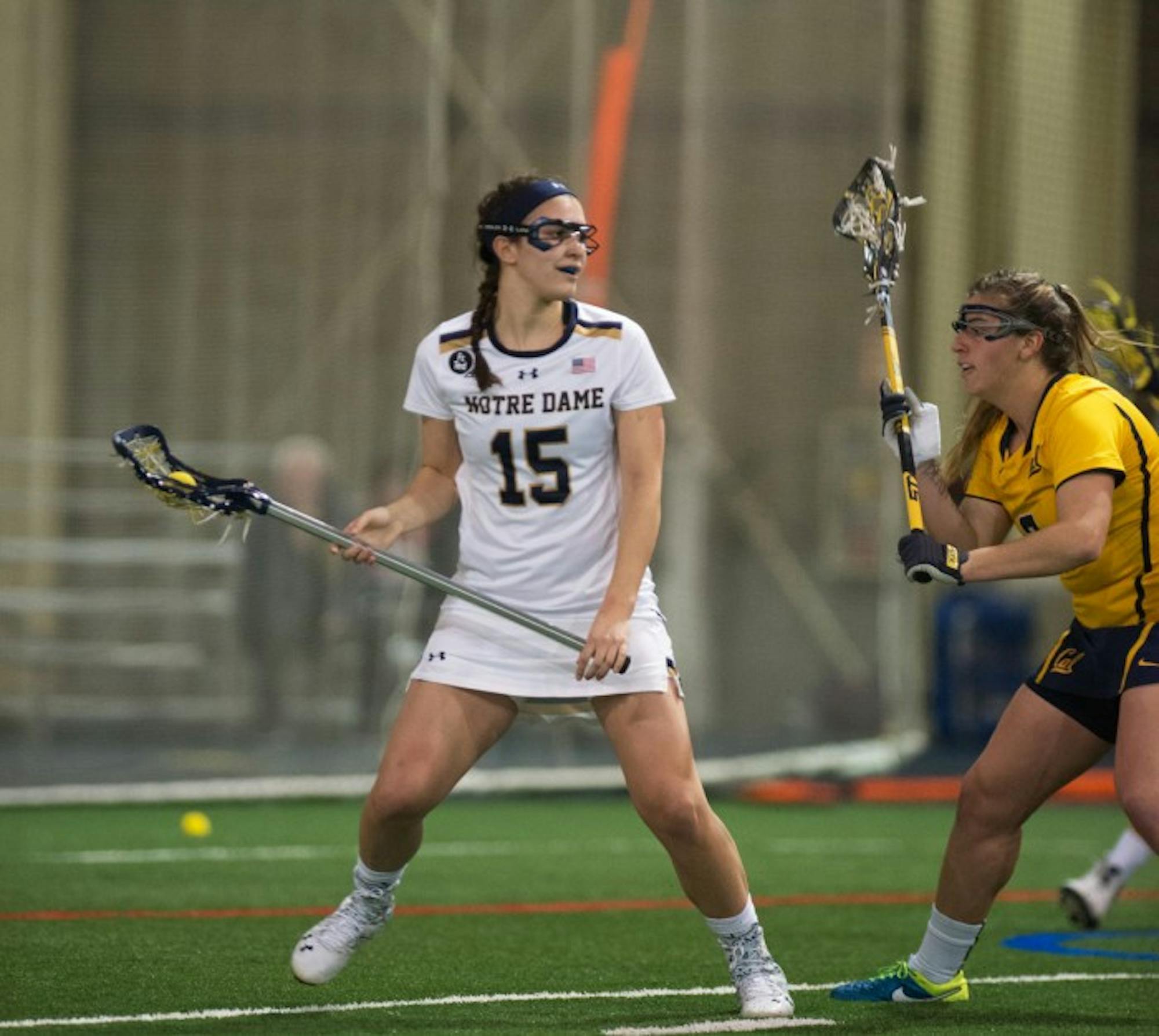 Junior attack Cortney Fortunato surveys the field on offense during Notre Dame’s 21-2 win over California on Feb. 28 at Loftus Sports Center.