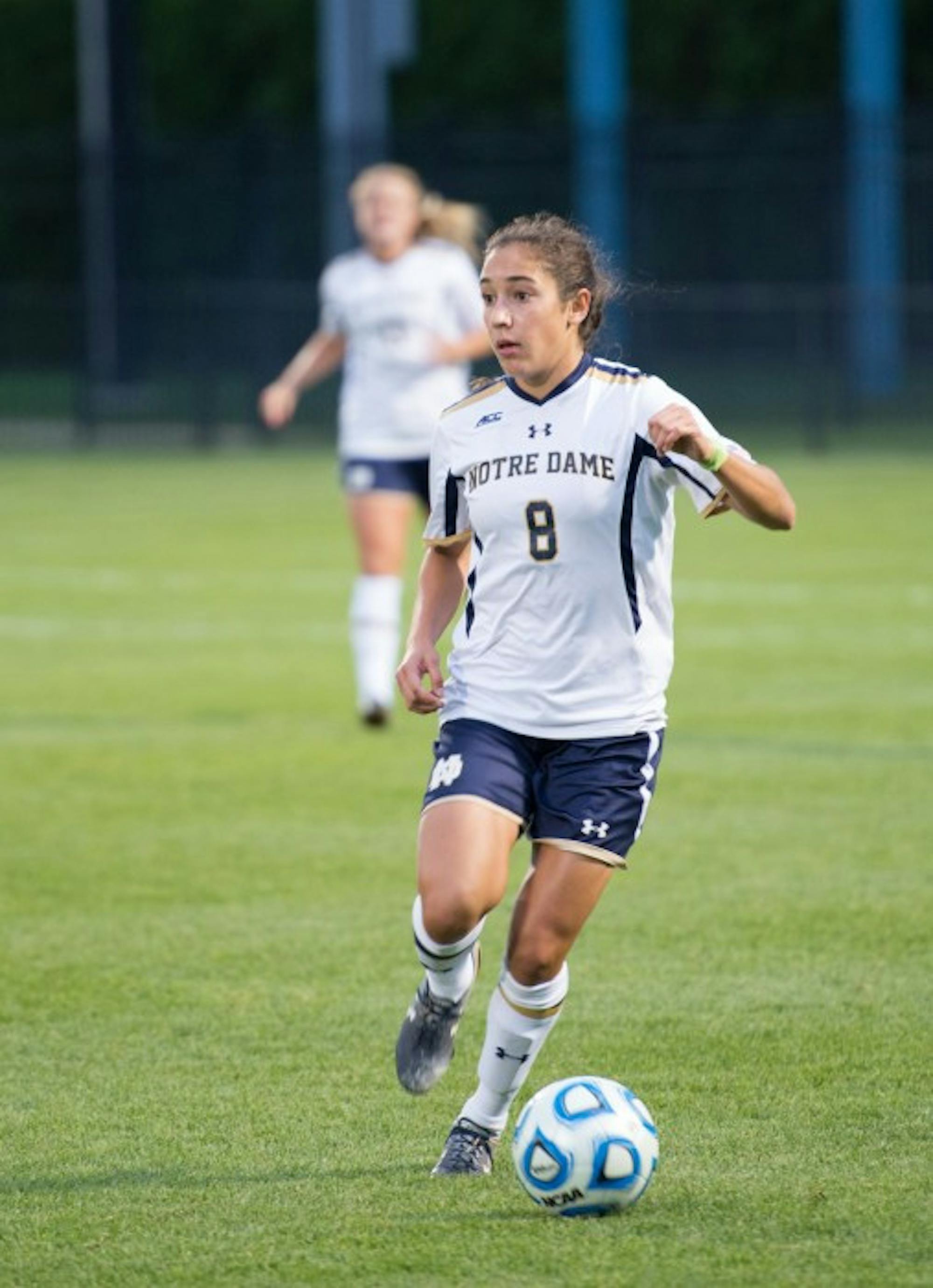 Notre Dame freshman midfielder Sabrina Flores brings the ball downfield during a 1-0 win over Baylor at Alumni Stadium on Sept. 12. The Irish finished the season with a 14-6-2 overall record.