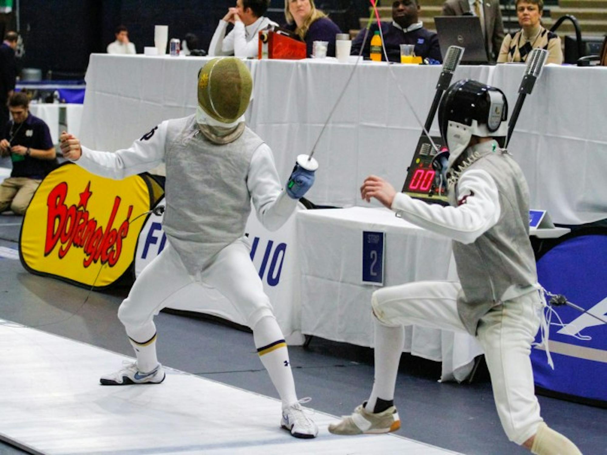 Irish junior foilist Virgile Collineau lunges at his opponent during the ACC championships on Feb. 28, 2016, at Castellan Family Fencing Center. The Irish look to repeat as ACC champs this year.