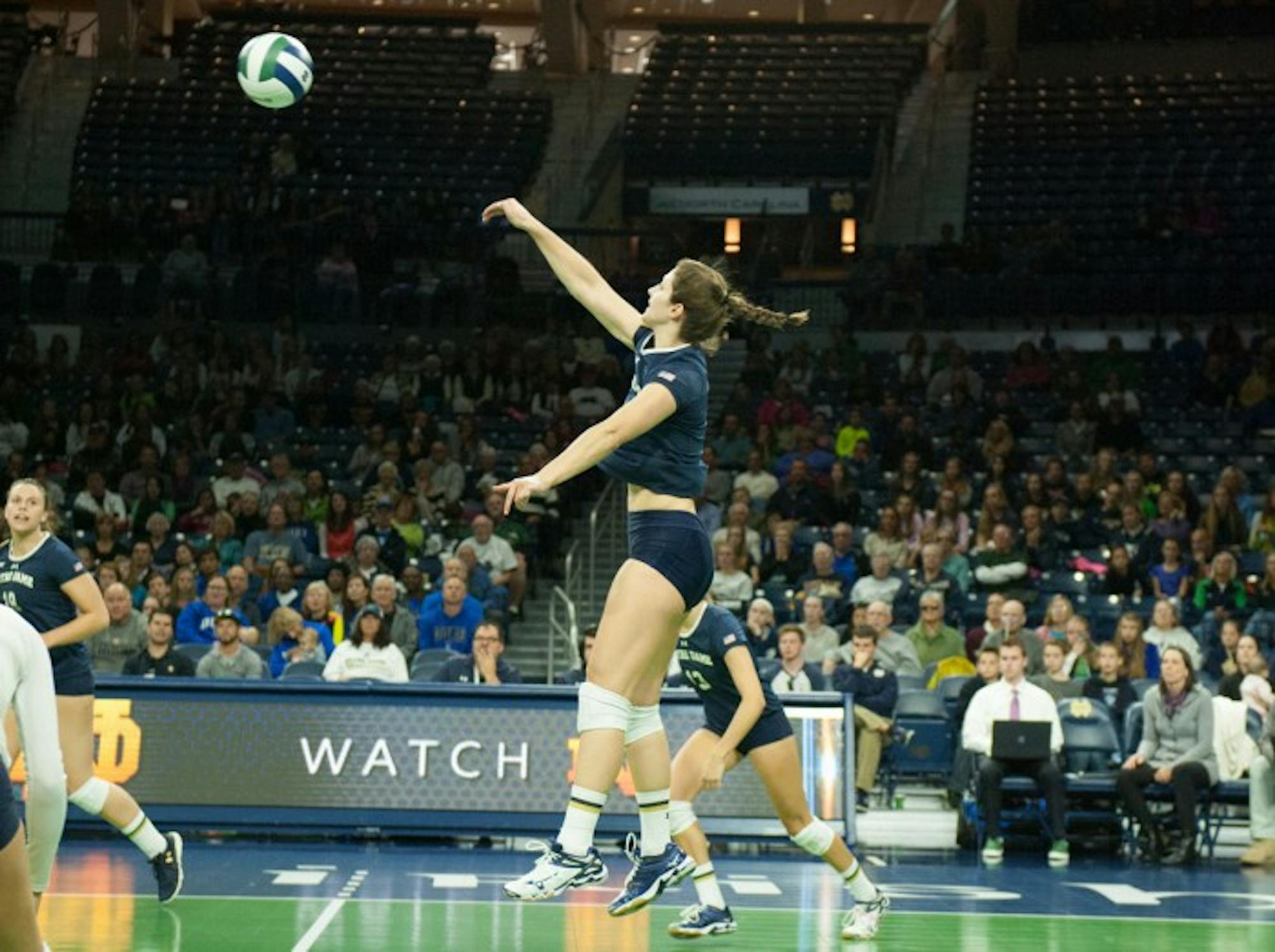 Senior middle blocker Jeni Houser volleys the ball during a 3-1 home loss to Duke on Oct. 5.