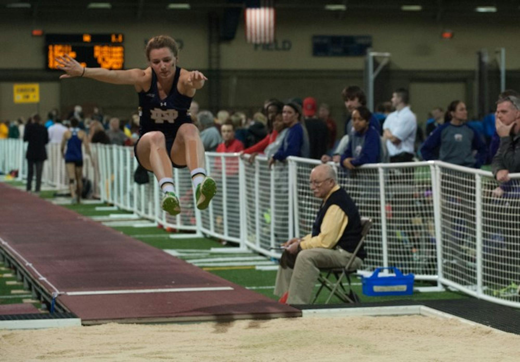 Junior long jumper Emily Carson competes during last year’s Meyo Invitational on Feb. 6, 2015 at the  Loftus Sports Center. The Irish will host this year’s edition of the Meyo Invitational this weekend.