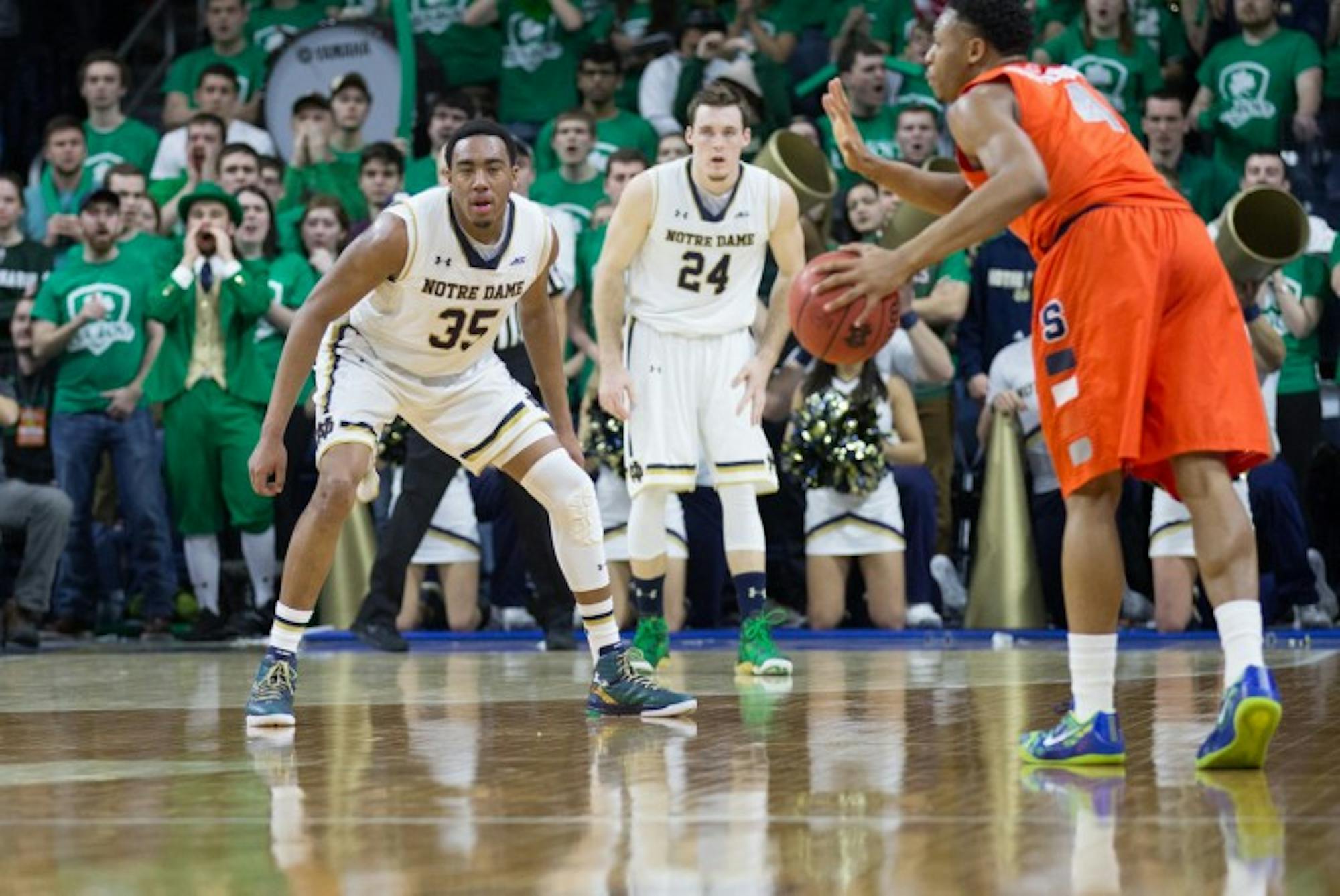 Freshman forward Bonzie Colson plays defense during Notre Dame's 65-60 loss to Syracuse on Feb. 24.
