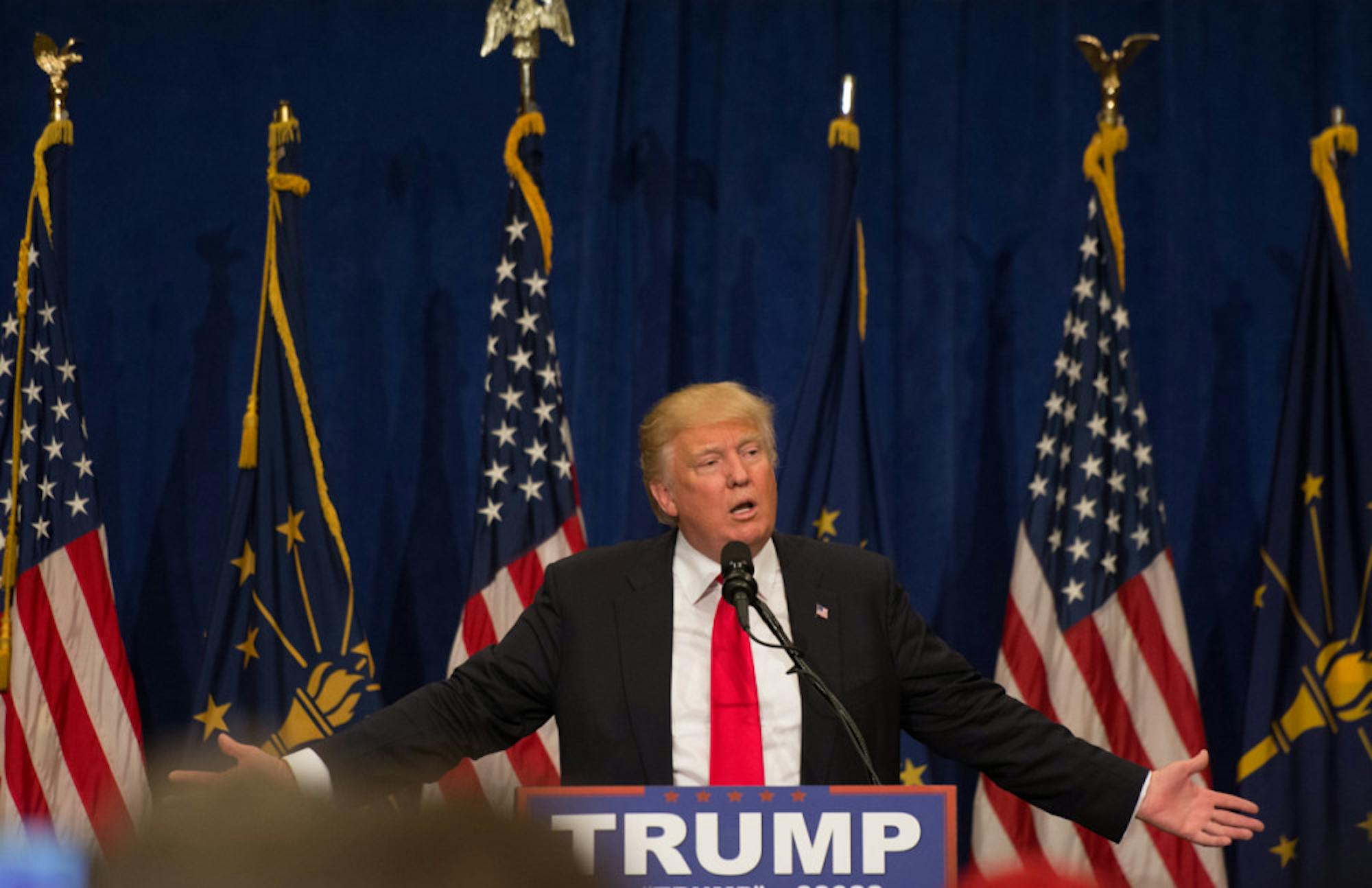Republican presidential nominee Donald Trump speaks at a South Bend rally in May.