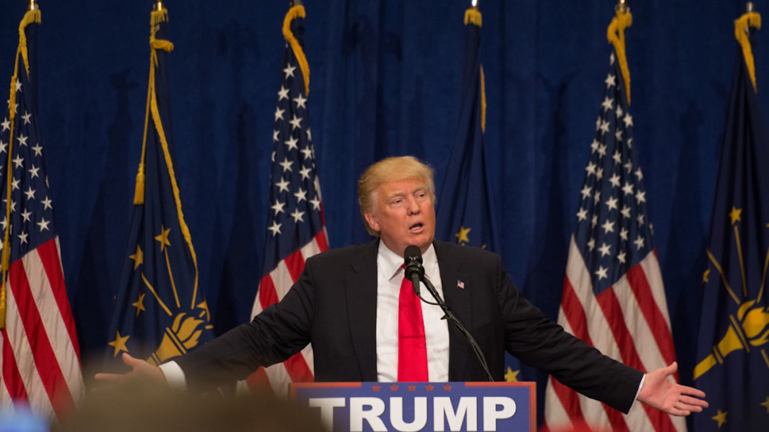 Republican presidential nominee Donald Trump speaks at a South Bend rally in May.