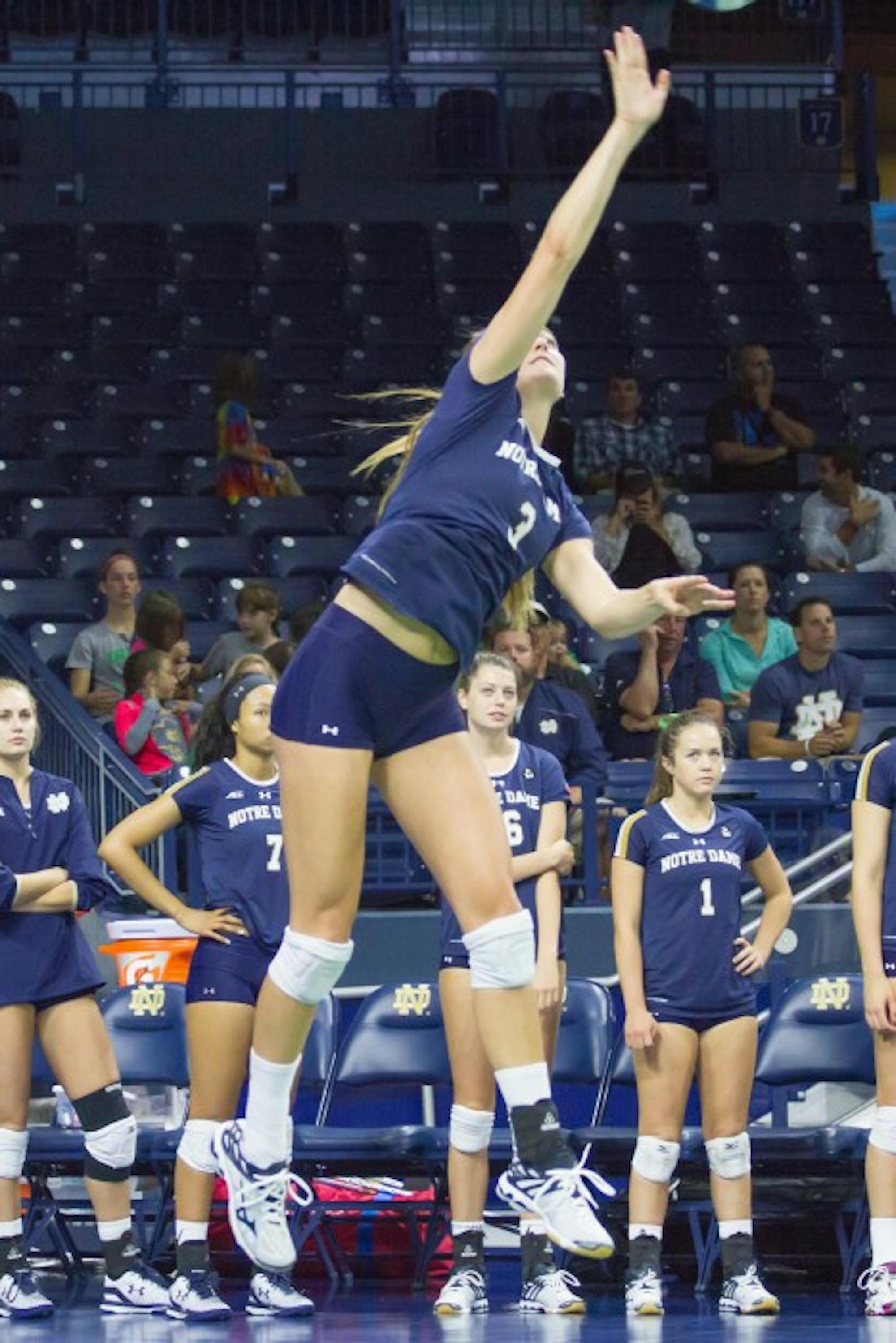 Sophomore outside hitter Sam Fry hits an overhead serve during Notre Dame’s 3-0 loss against No. 15 Florida State on Sept. 27 at the Purcell Pavilion. Fry recorded six kills along with a serving ace.