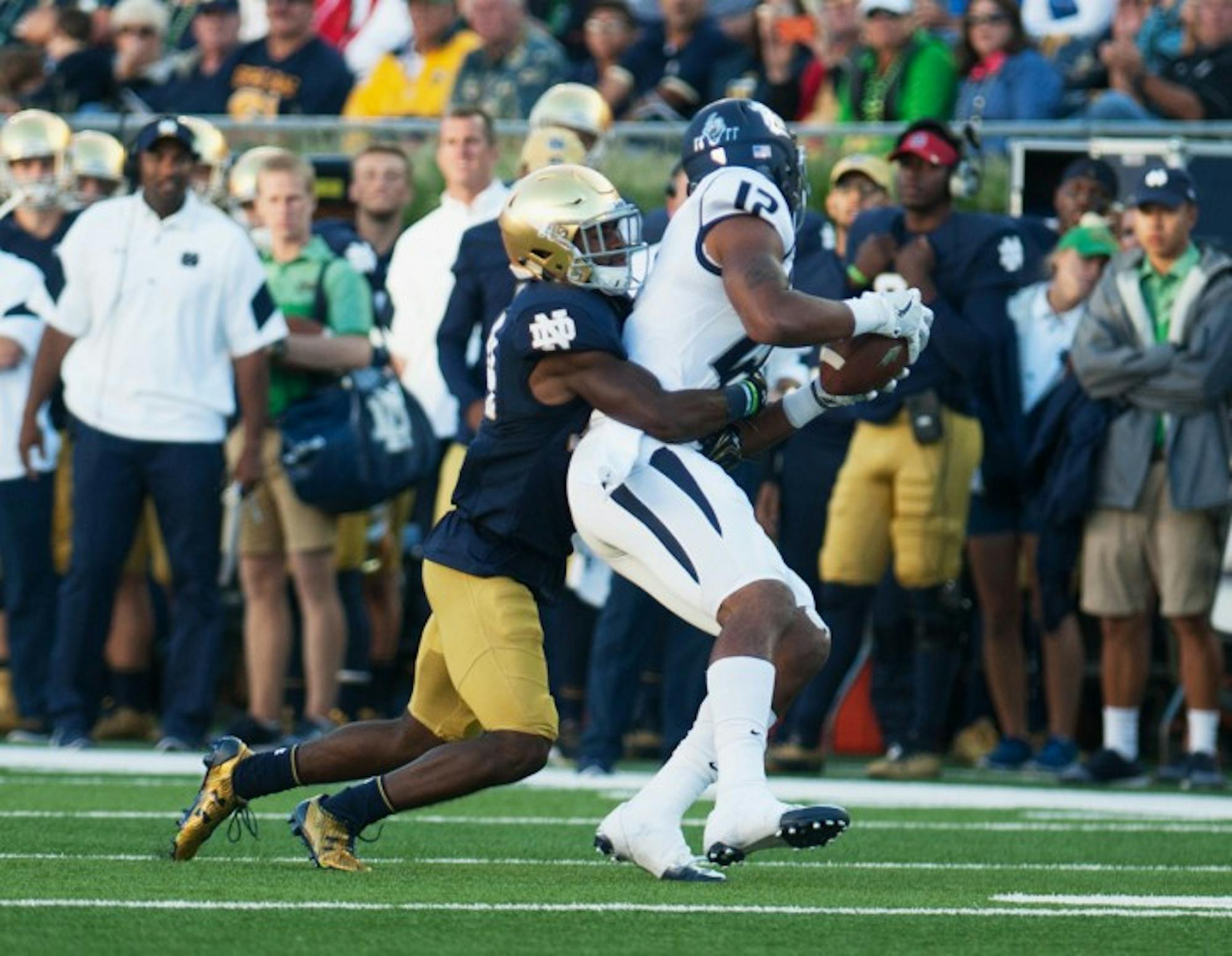 Irish sophomore cornerback Nick Coleman tackles a Wolfpack receiver during Notre Dame’s 39-10 win over Nevada on Saturday at Notre Dame Stadium. Coleman is expected to start at cornerback against Michigan State this Saturday.