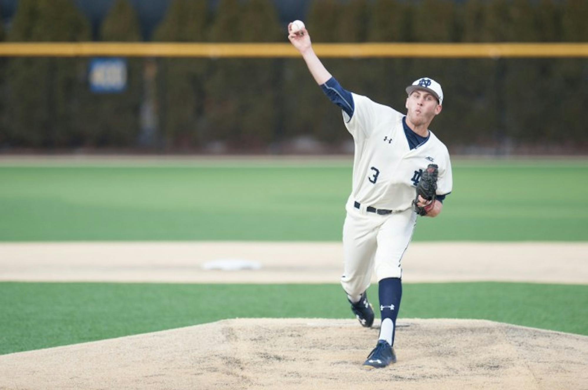 Irish junior Ryan Smoyer pitches during Notre Dame’s 8-3 win over Central Michigan on March 18 at Frank Eck Stadium. Smoyer is currently leading Notre Dame with a 1.35 ERA through seven games.