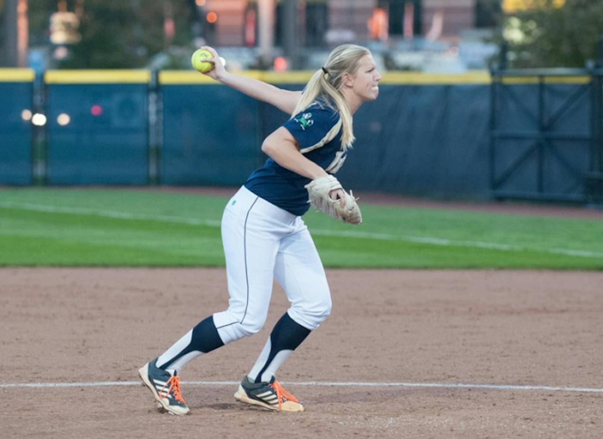 Sophomore pitcher Allie Rhodes faces down a batter on Oct. 9, 2013. Rhodes is second among Irish pitchers with a 2.20 ERA.