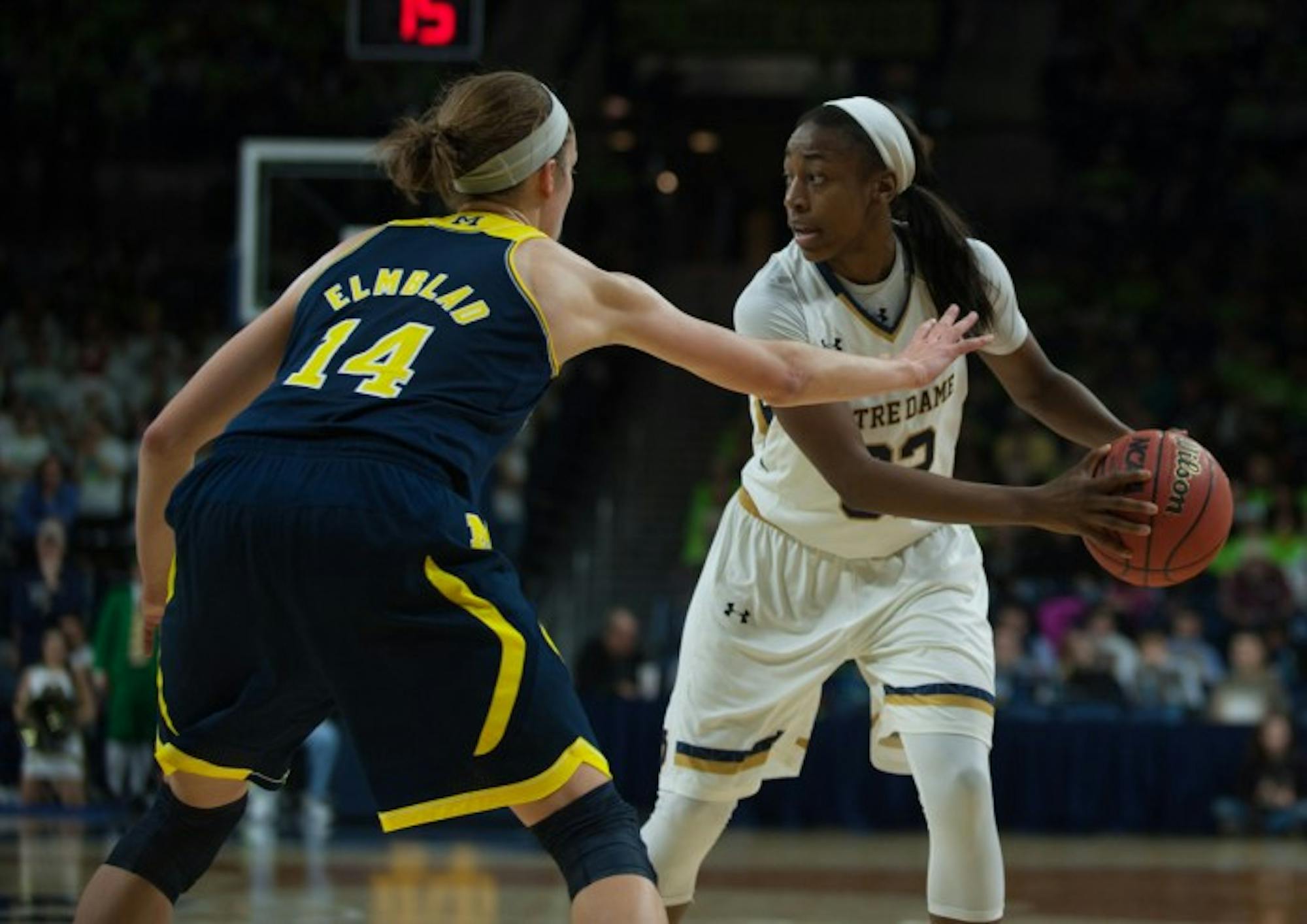 Irish junior guard Jewell Loyd looks to drive past a Michigan defender during Notre Dame’s 70-50 win Dec. 13 at Purcell Pavilion.