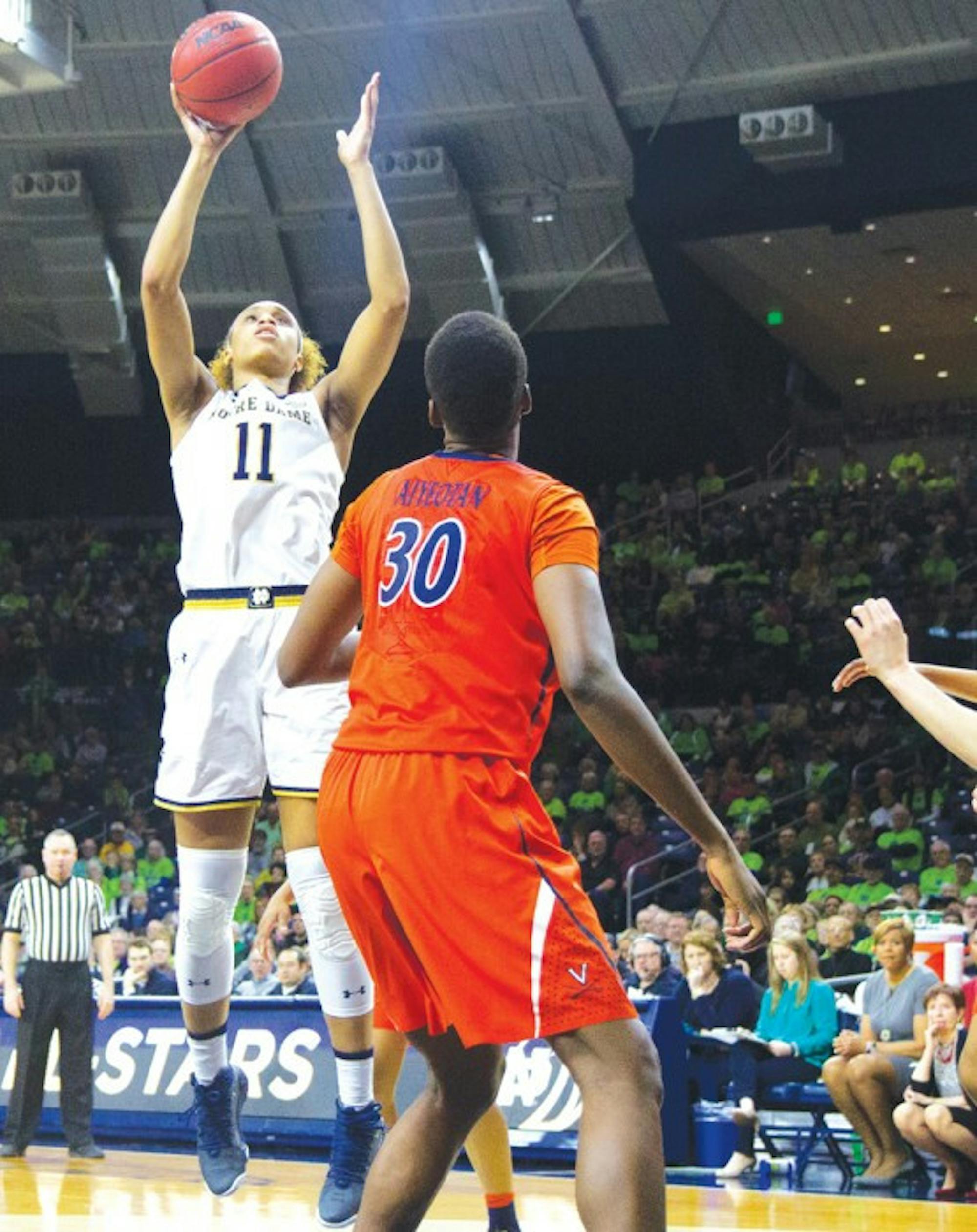 Irish junior forward Brianna Turner shoots a jumper in Notre Dame’s 82-74 victory over Virginia on Jan. 29 at Purcell Pavilion.
