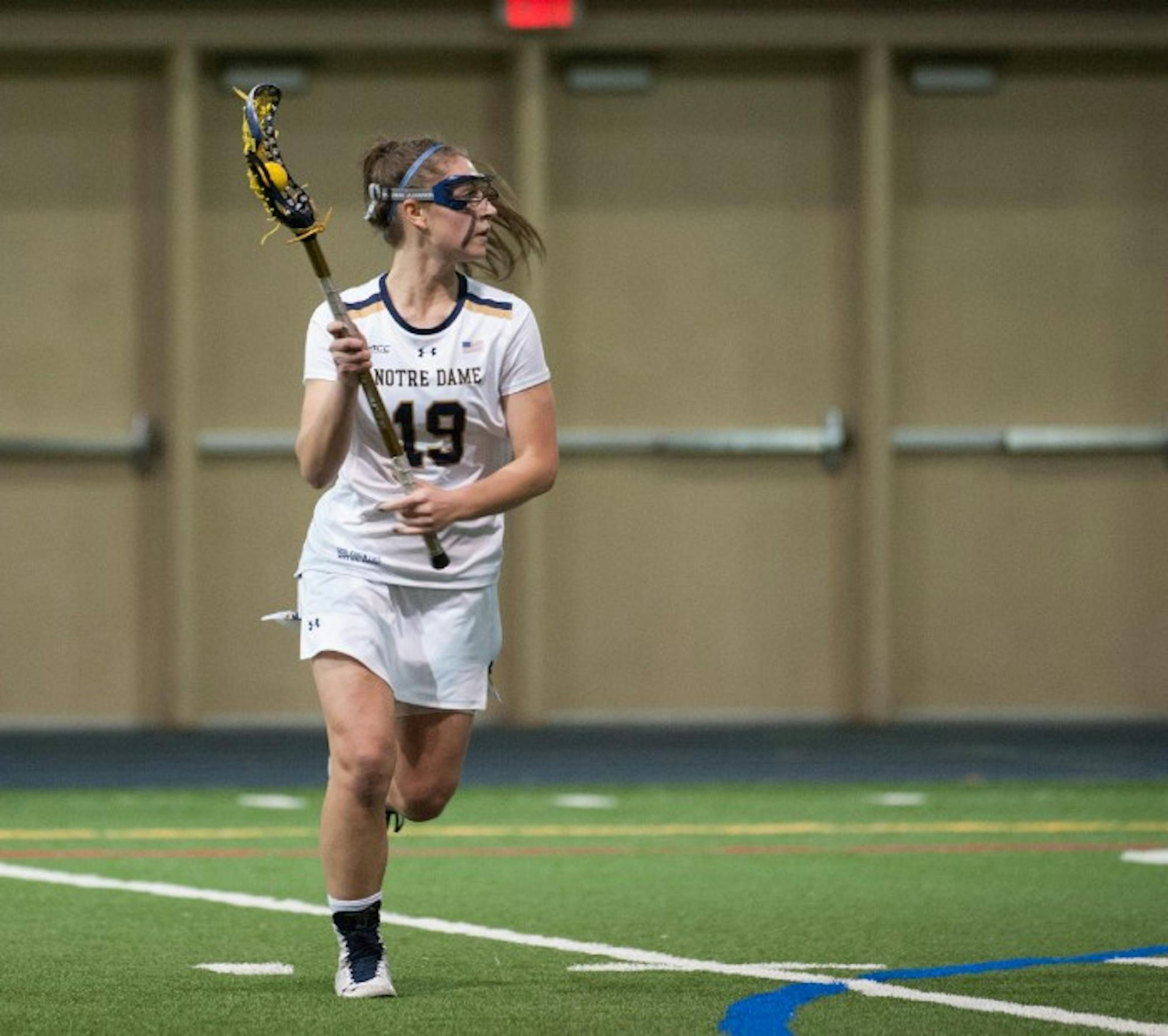 Irish sophomore midfielder Makenna Pearsall surveys the field during Notre Dame’s 24-9 victory over Detroit on Feb. 11 at Loftus Sports Complex. Pearsall has four goals and one assist on the season.
