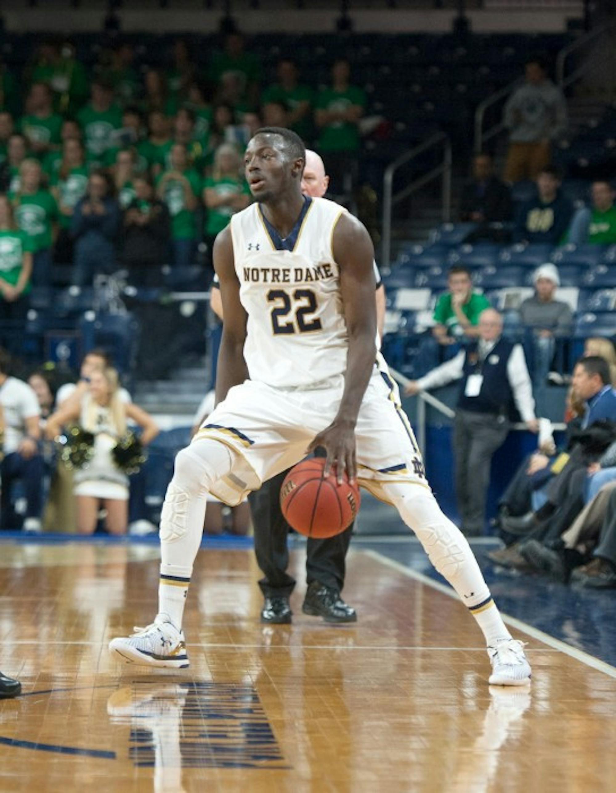 Irish senior guard Jerian Grant performs a crossover dribble during Notre Dame’s 104-67 win over Coppin State on Nov. 19. Grant matched a career high with 26 points in Saturday’s 90-42 win over Chicago State.