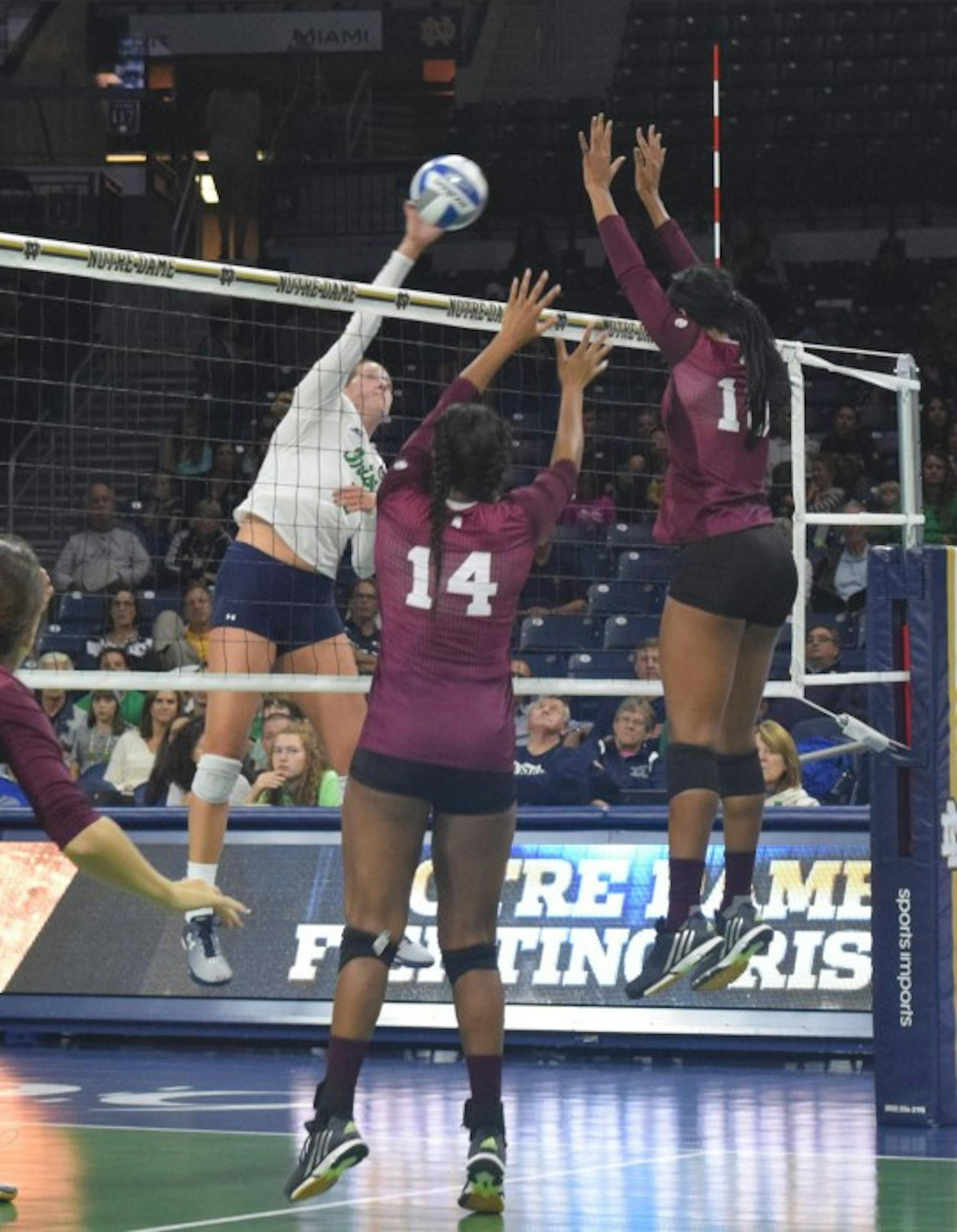Irish sophomore outside hitter Sydney Kuhn goes for a kill during the Notre Dame win against Mississippi State on Friday.