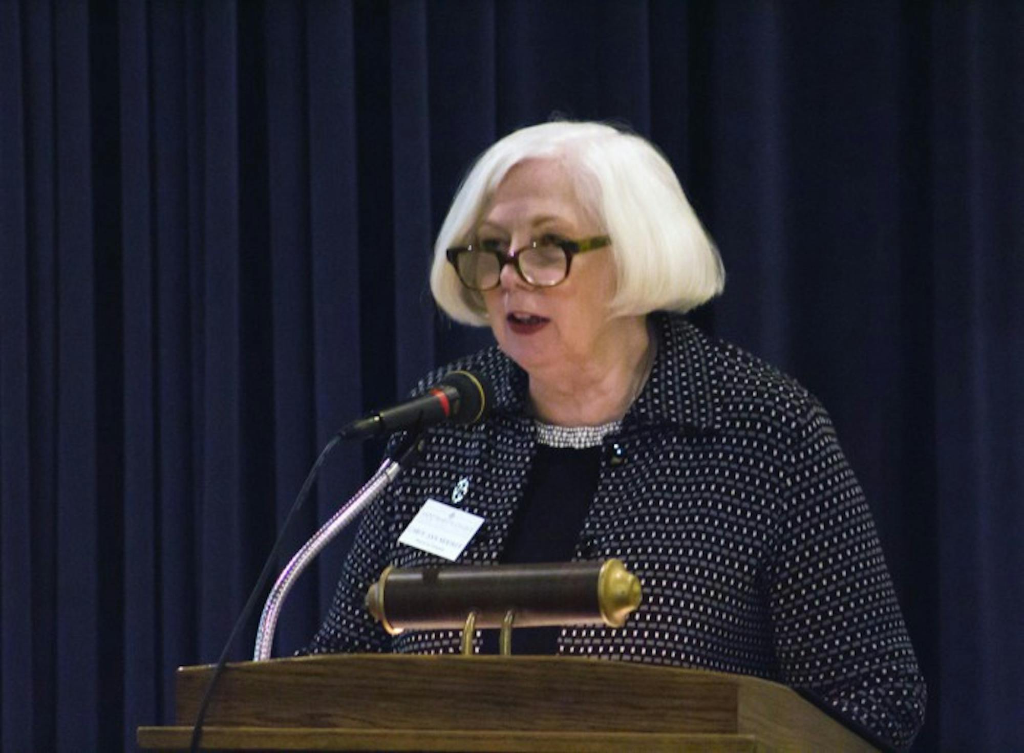Marianne Farina speaks at the annual Madeleva Lecture in Carroll Auditorium, examining the importance of interfaith conversations.