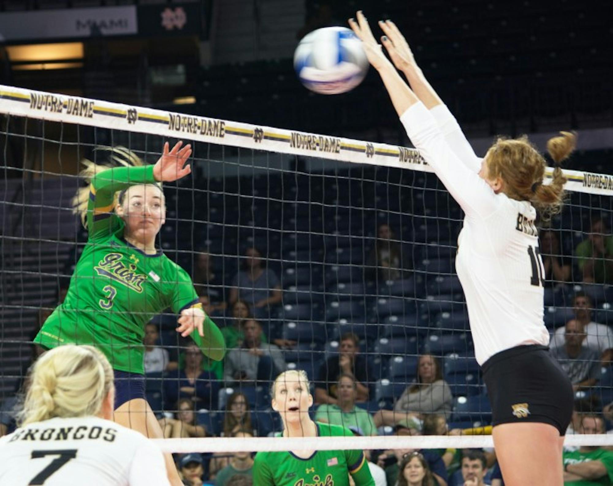 Irish junior middle blocker Sam Fry attempts a kill during Notre Dame's 3-0 win over Western Michigan on Saturday at Purcell Pavilion.