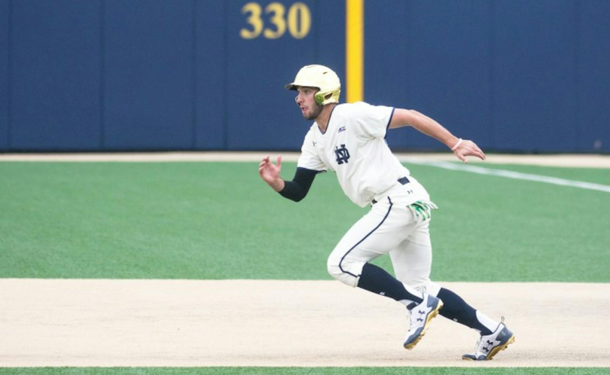 Irish sophomore outfielder Matt Vierling runs to second base  during Notre Dame’s 5-4 win over Duke on Friday.