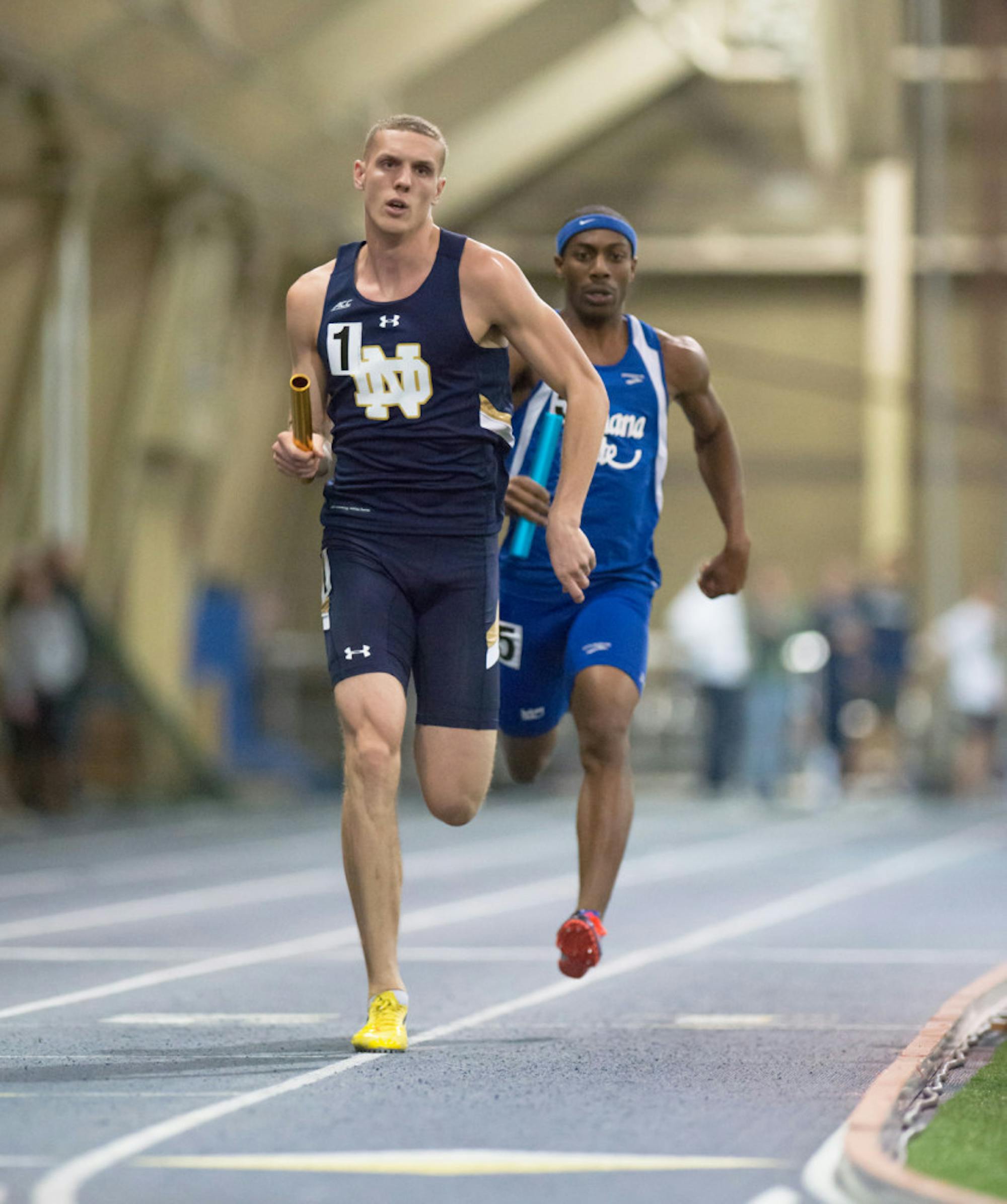 Irish sophomore Harvey Smith runs the lead leg of Notre Dame’s 4x400-meter relay at the Notre Dame Invitational on Saturday.