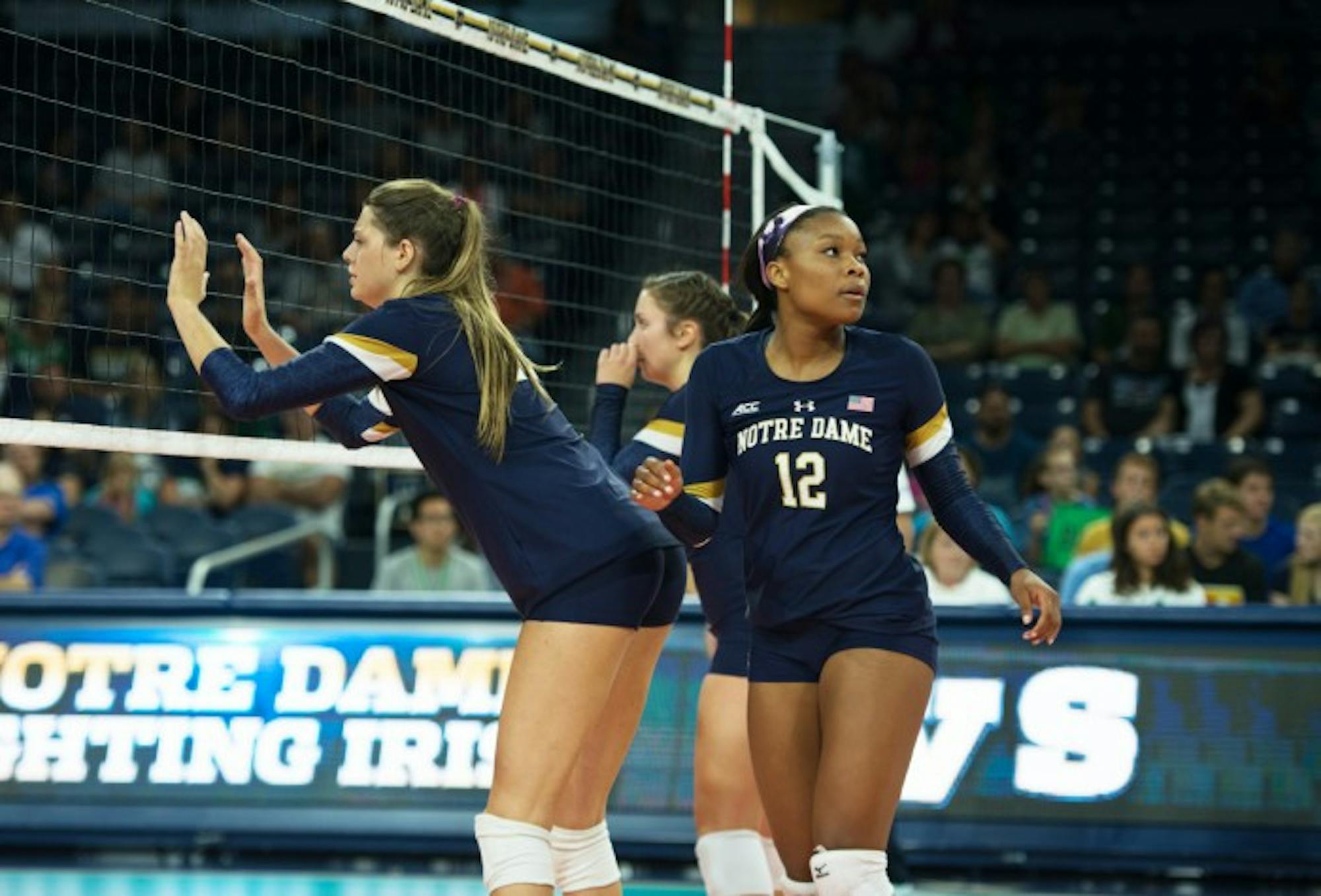 Irish freshman outside hitter Jemma Yeadon readies for the next point during Notre Dame’s 3-0 loss to Coastal Carolina on Friday at Purcell Pavilion. Yeadon had a team-high 13 kills in the match.