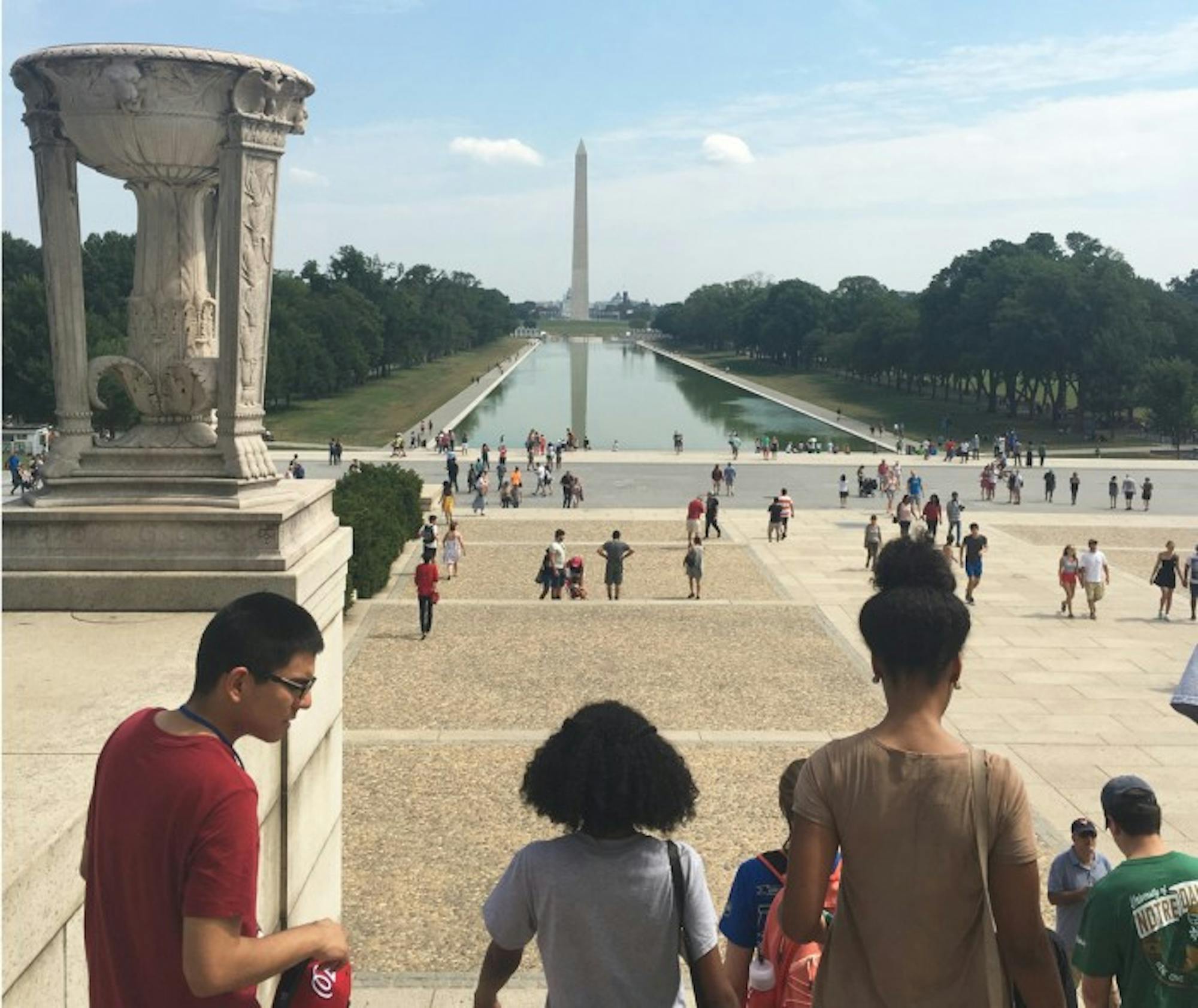 Students walk down the steps of the Lincoln Memorial onto the National Mall while studying in Washington, D.C. Fifteen students are participating in this semester’s program.