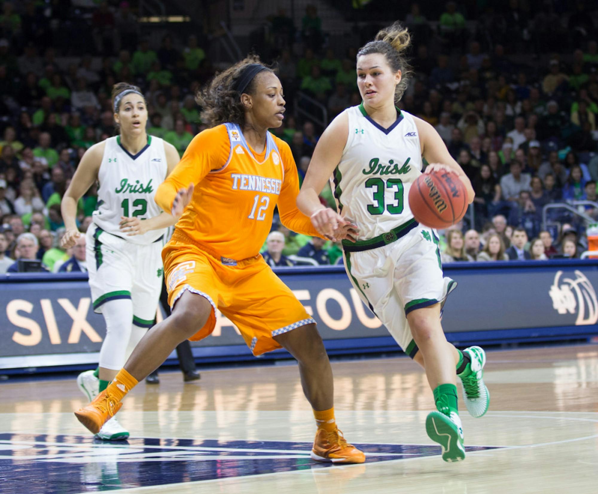 Irish freshman forward Kathryn Westbeld drives to the hoop during Notre Dame’s 88-77 win over  Tennessee on Monday at Purcell Pavilion.