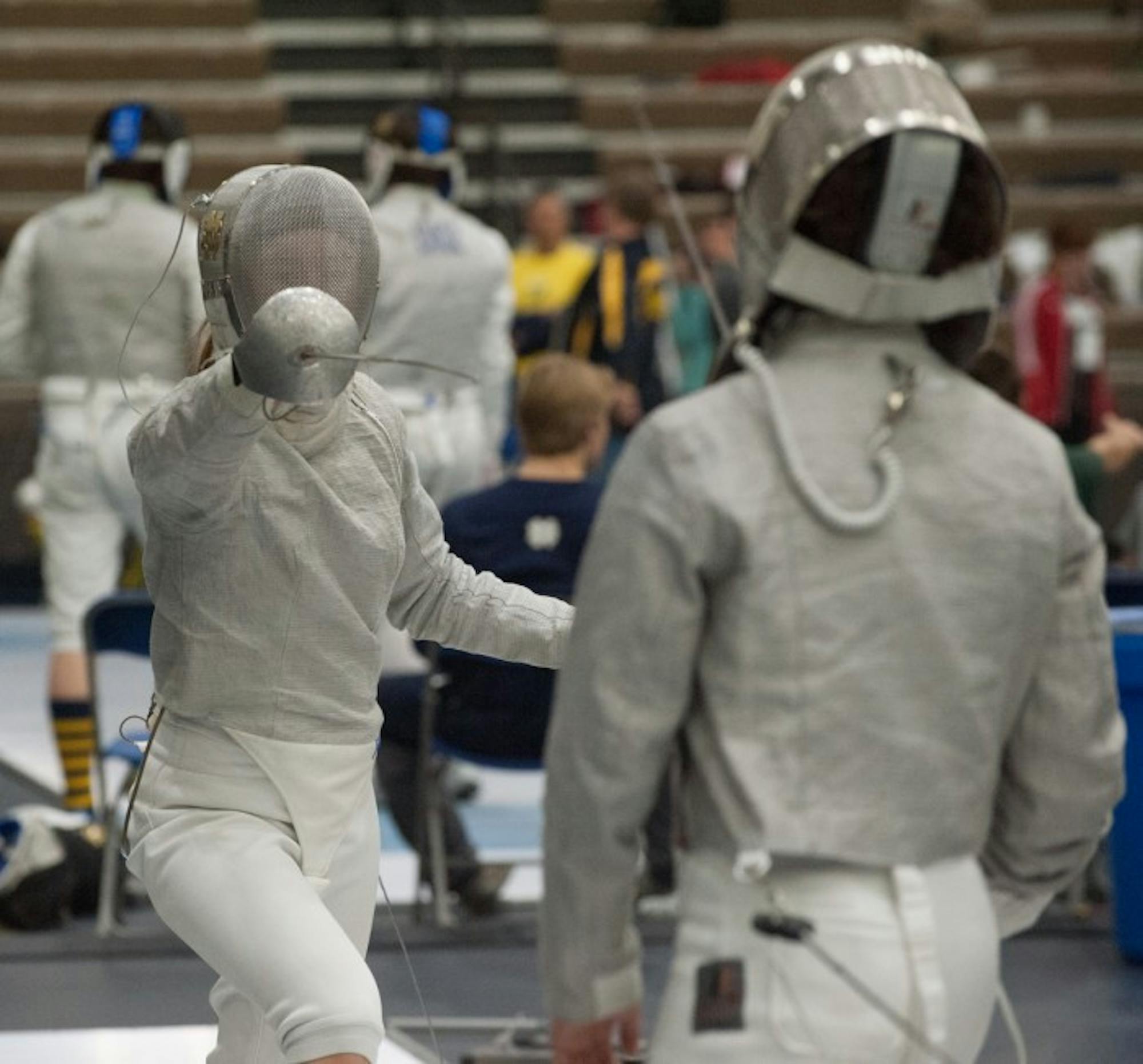 Sophomore sabre Allison Barry lunges on day two of the DeCicco Duals on Feb. 8 at Castellan Family Fencing Center. Notre Dame’s men’s and women’s teams finished the weekend 9-0.