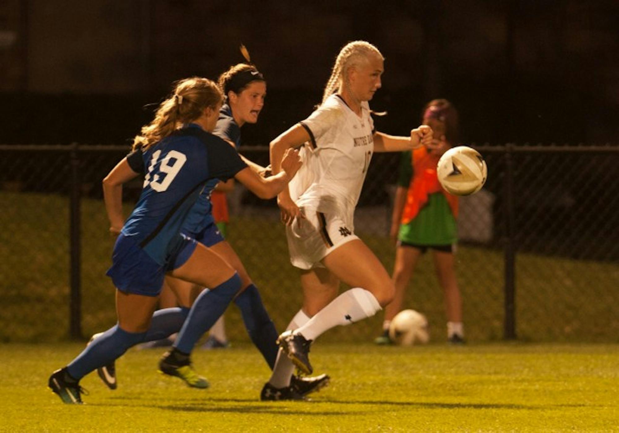 Irish sophomore forward Jennifer Westendorf looks to corral the loose ball during Notre Dame’s 3-0 loss to Duke on Sept. 21 at Alumni Stadium. Westendorf has tallied six goals and seven assists on the season.