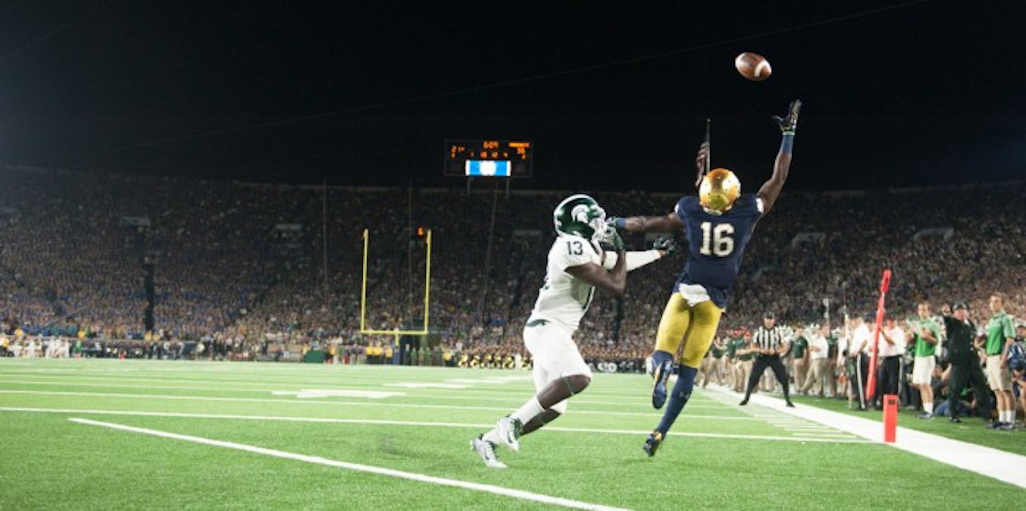 Irish senior receiver Torii Hunter Jr. leaps for a pass during Notre Dame’s 36-28 home loss to Michigan State last Saturday.