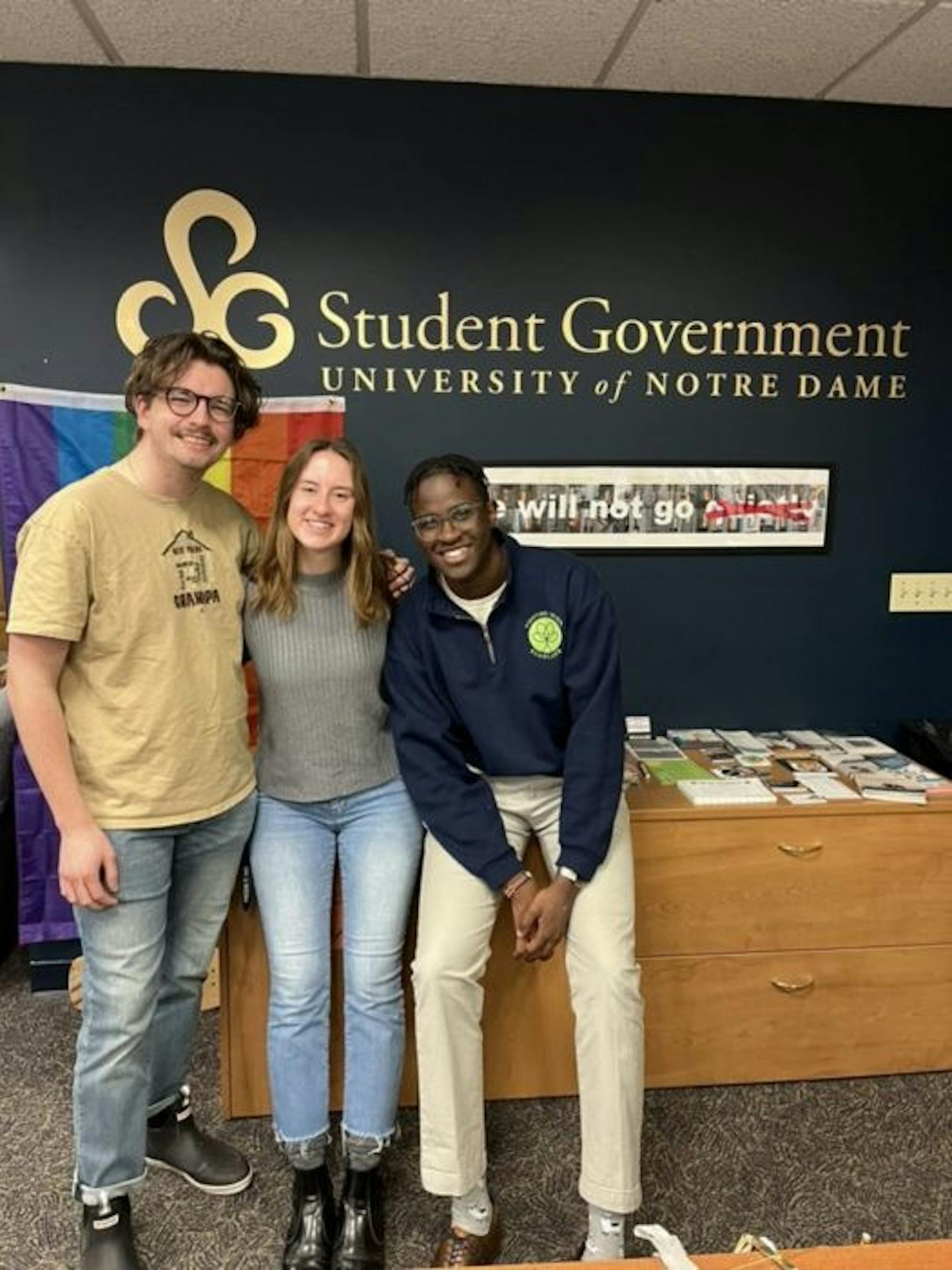 Outgoing Notre Dame student body leaders sit together in the student government offices on the third floor of LaFortune Student Center. From left to right, Matthew Bisner (Vice President), Alix Basden (chief of staff) and Allan Njomo (president).
