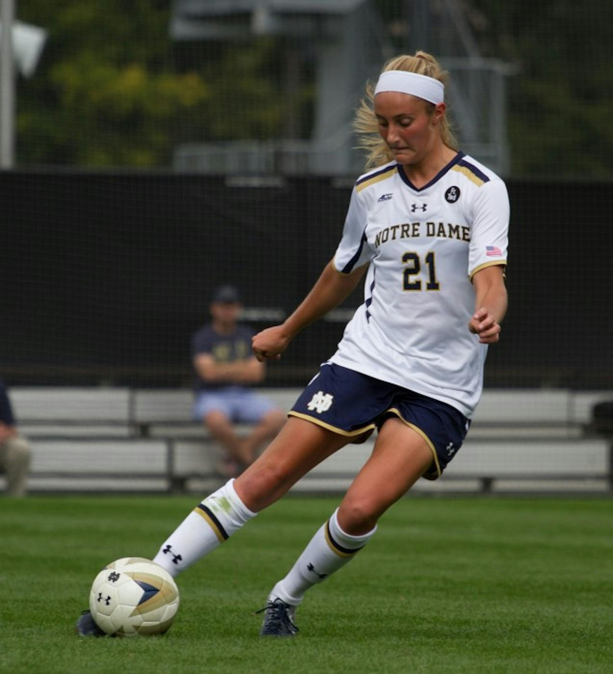 Irish senior defender Brittany Von Rueden crosses the ball into the box during Notre Dame’s 1-0 loss against Florida State on Sept. 27 at Alumni Stadium. Ruedan has three assists this season for the Irish, which has her tied for third on the team.