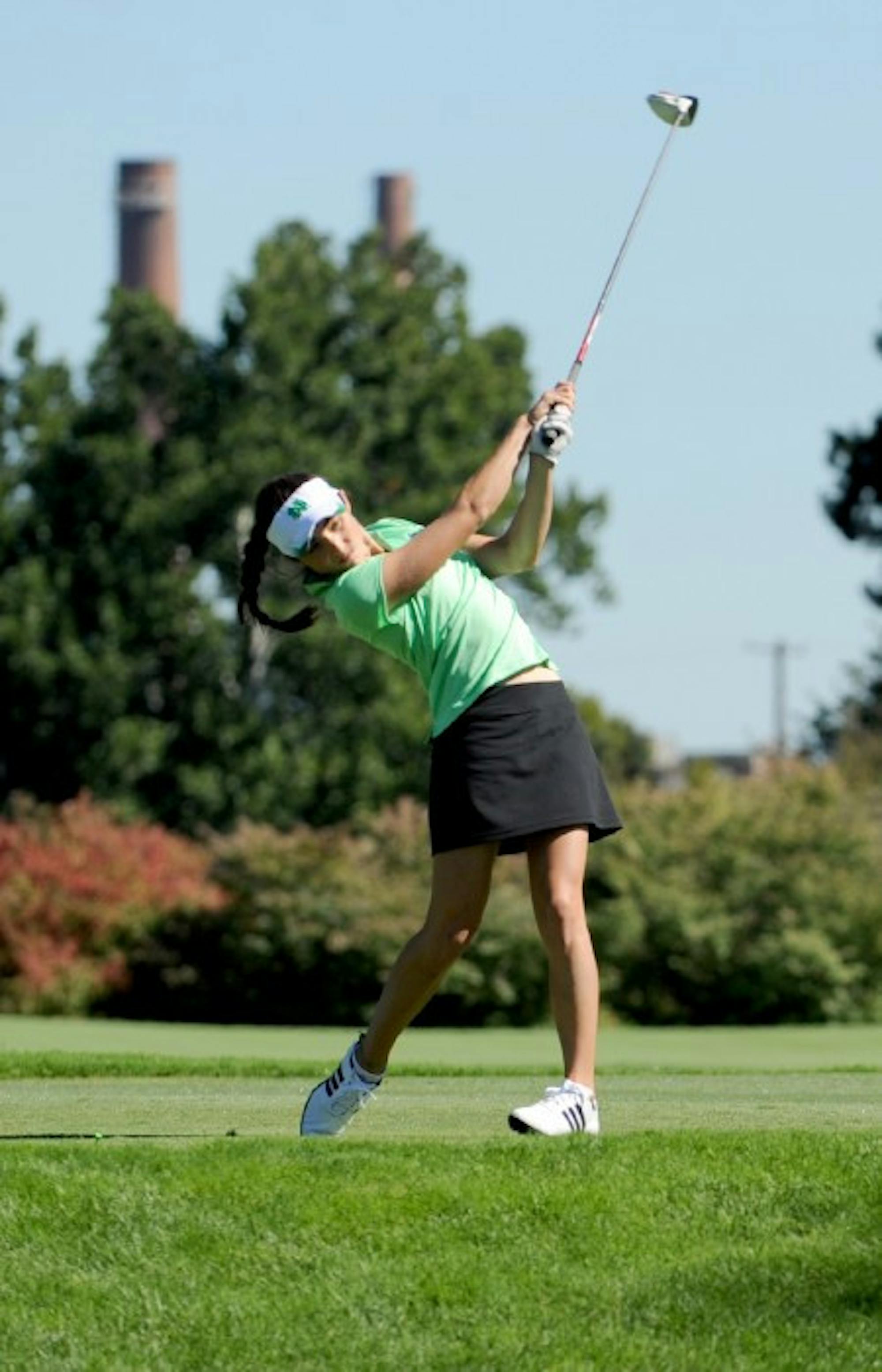 Irish junior Ashley Armstrong drives during the Mary Fossum  Invitational on September 15, 2012. Armstrong finished third this weekend.