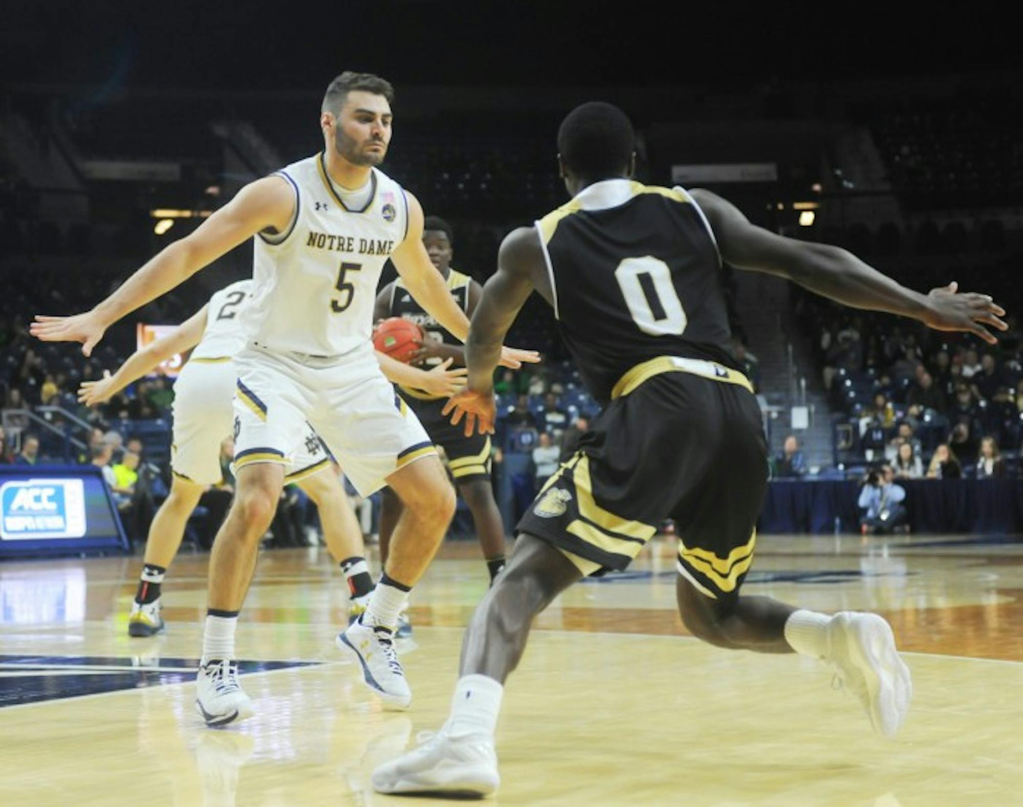 Notre Dame junior guard Matt Farrell, who was named MVP of the Legends Classic after scoring a game-winning shot, plays defense during an 89-64 victory over Bryant on Nov. 12 at Purcell Pavilion.