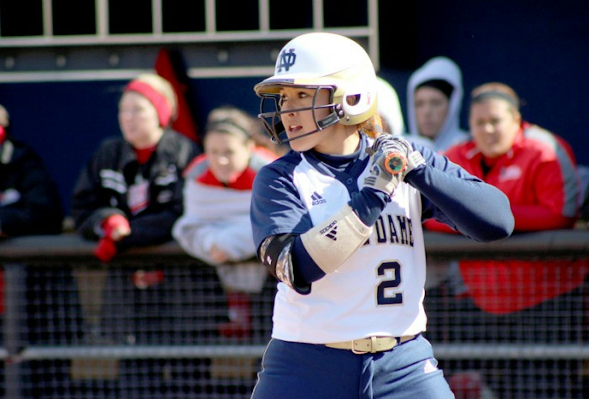 Irish junior catcher Cassidy Whidden prepares for the incoming pitch against Ball State during Notre Dame's 11-4 win on April 1. On Monday, the junior finished with two hits in three at bats.