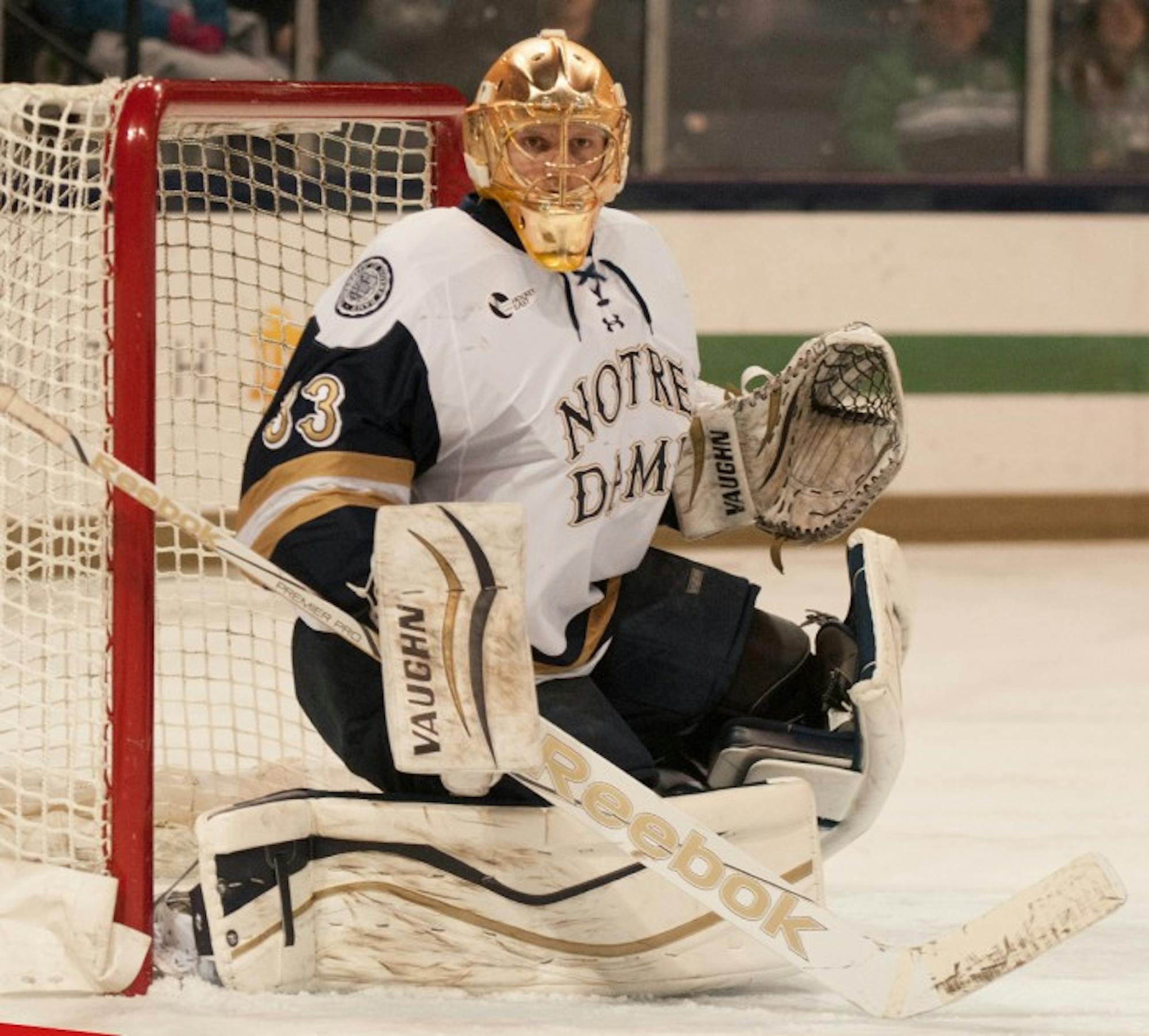Irish sophomore goaltender Chad Katunar stares down the ice  during Notre Dame’s 3-1 loss to UMass-Lowell on Thursday night.