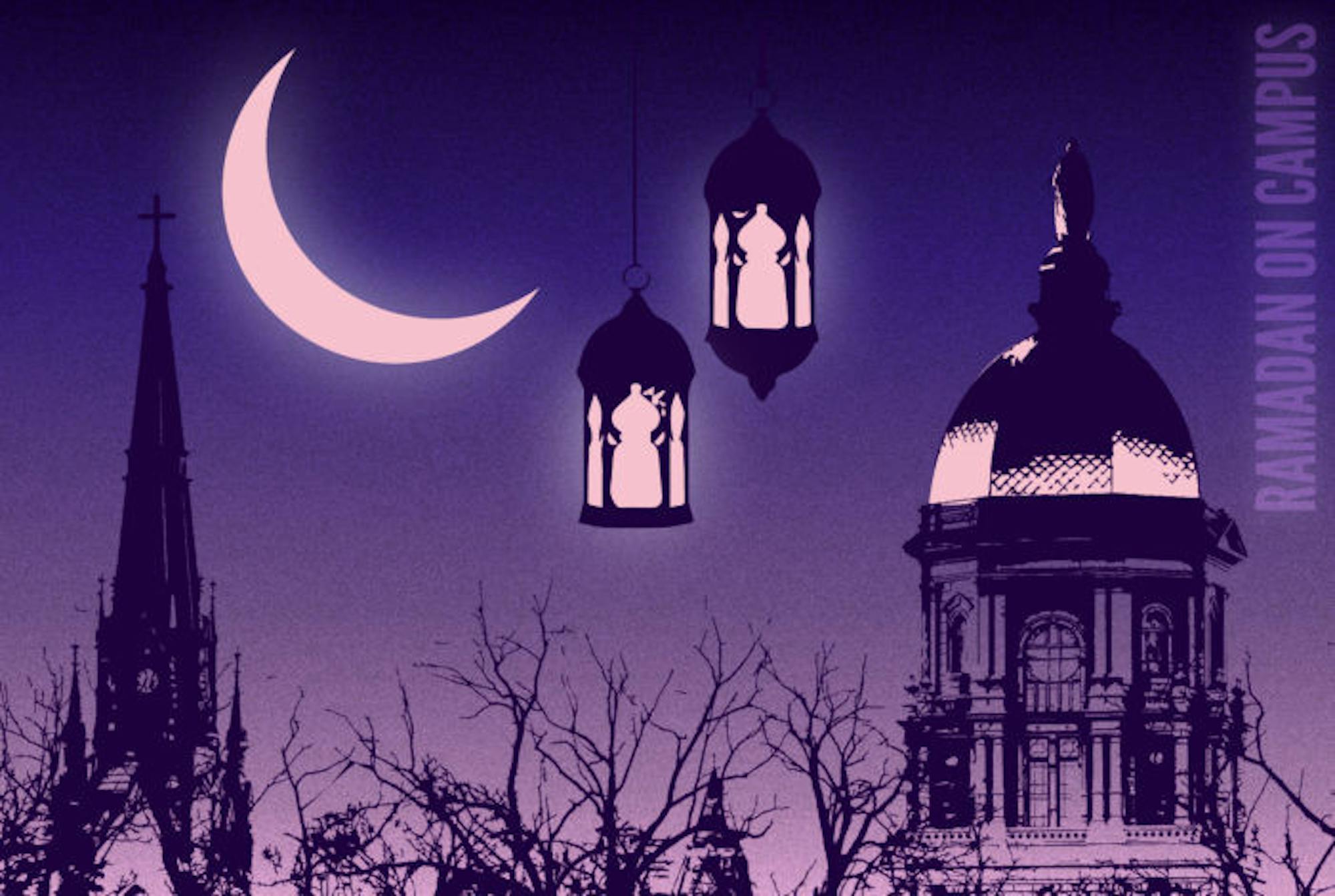 purple graphic with ramadan imagery and the golden dome