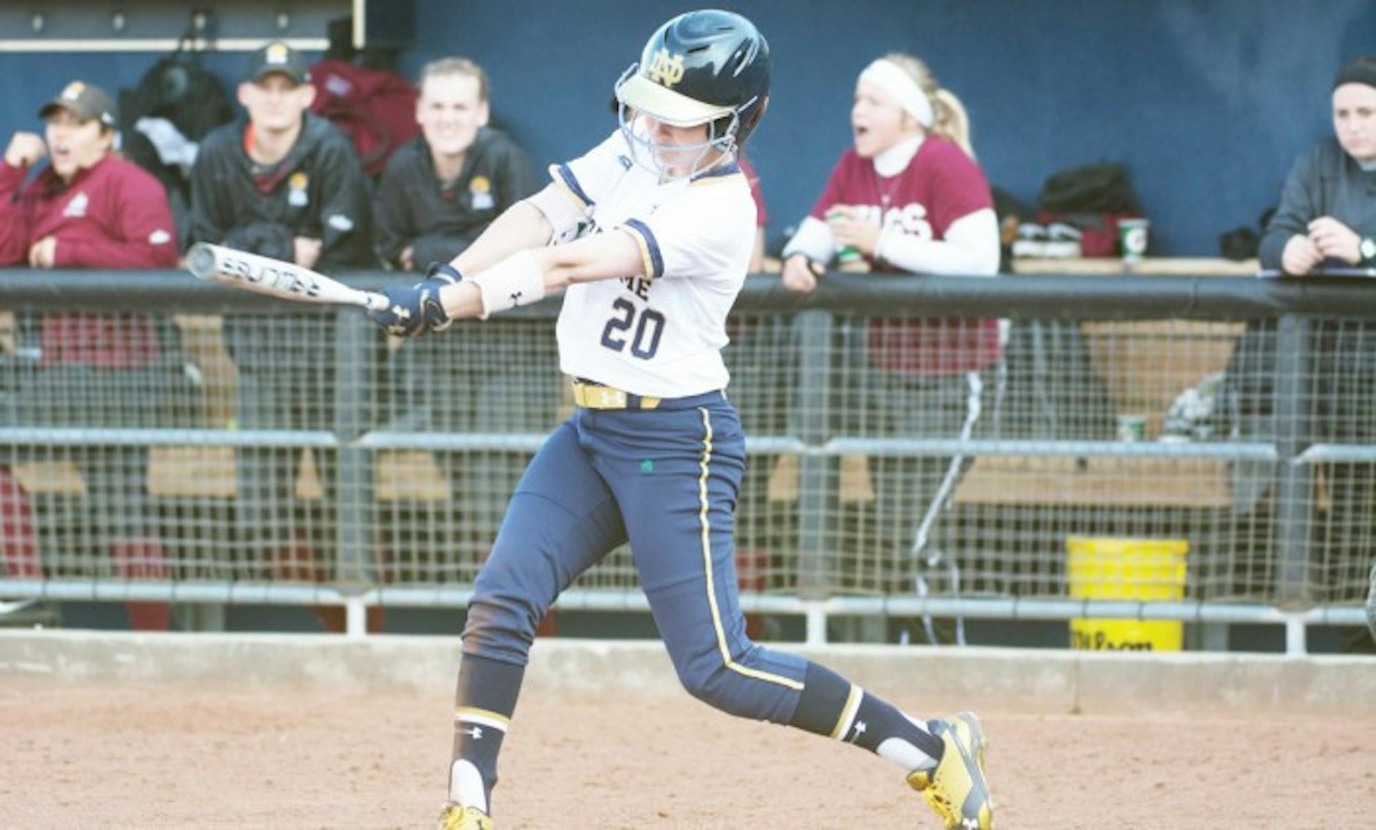 Irish junior shortstop Morgan Reed swings at a pitch during Notre Dame's 13-4 win over IUPUI on April 12 at Melissa Cook Stadium.
