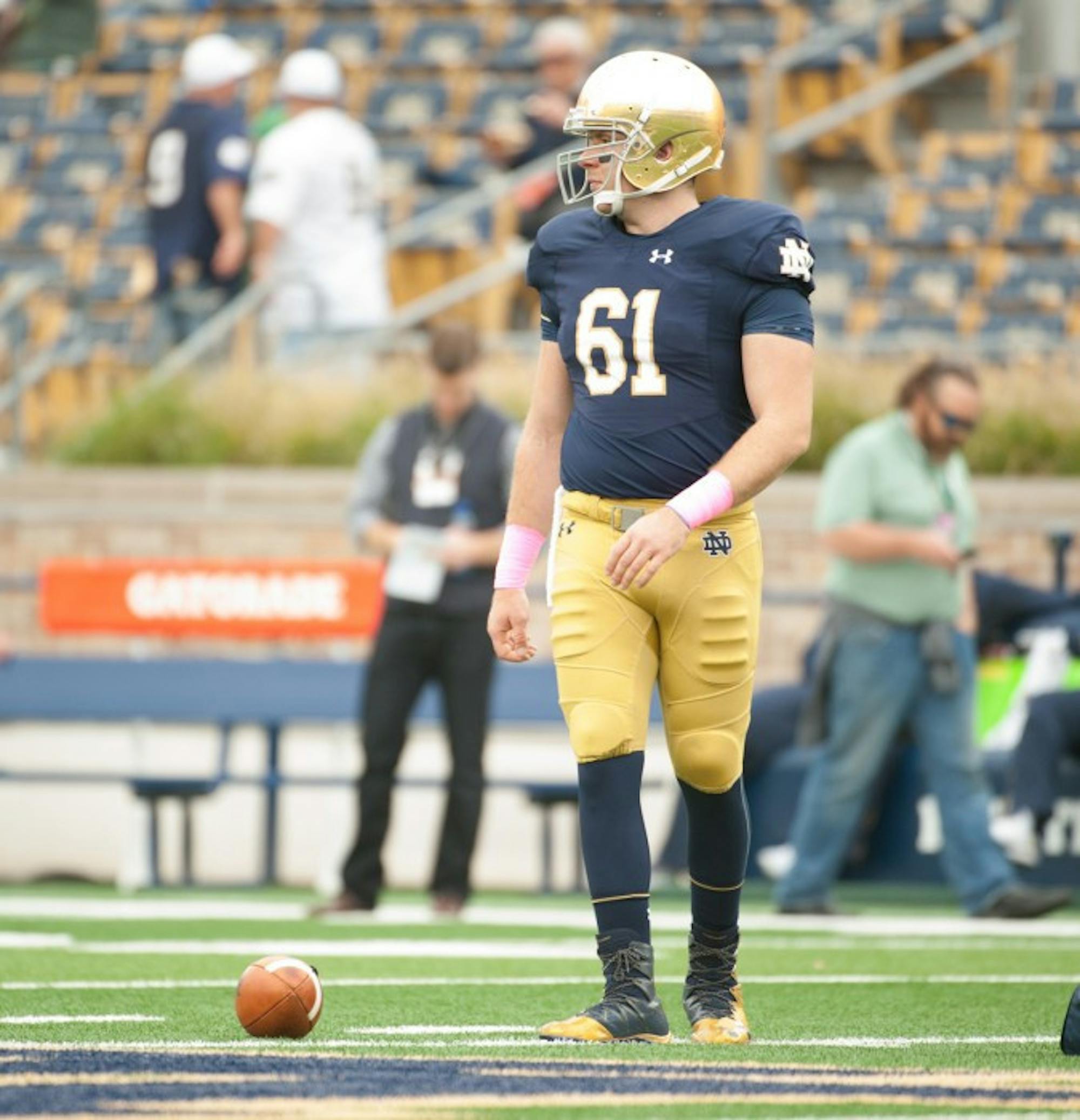 Irish graduate student long snapper Scott Daly warms up before Notre Dame met Miami at Notre Dame Stadium on Oct. 29.