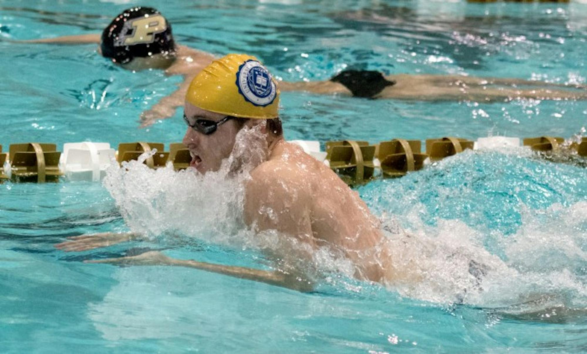 Irish junior Andrew Jensen swims the 100-yard breaststroke during Notre Dame’s 161-139 loss to Purdue on Nov. 1 at Rolfs Aquatic Center.