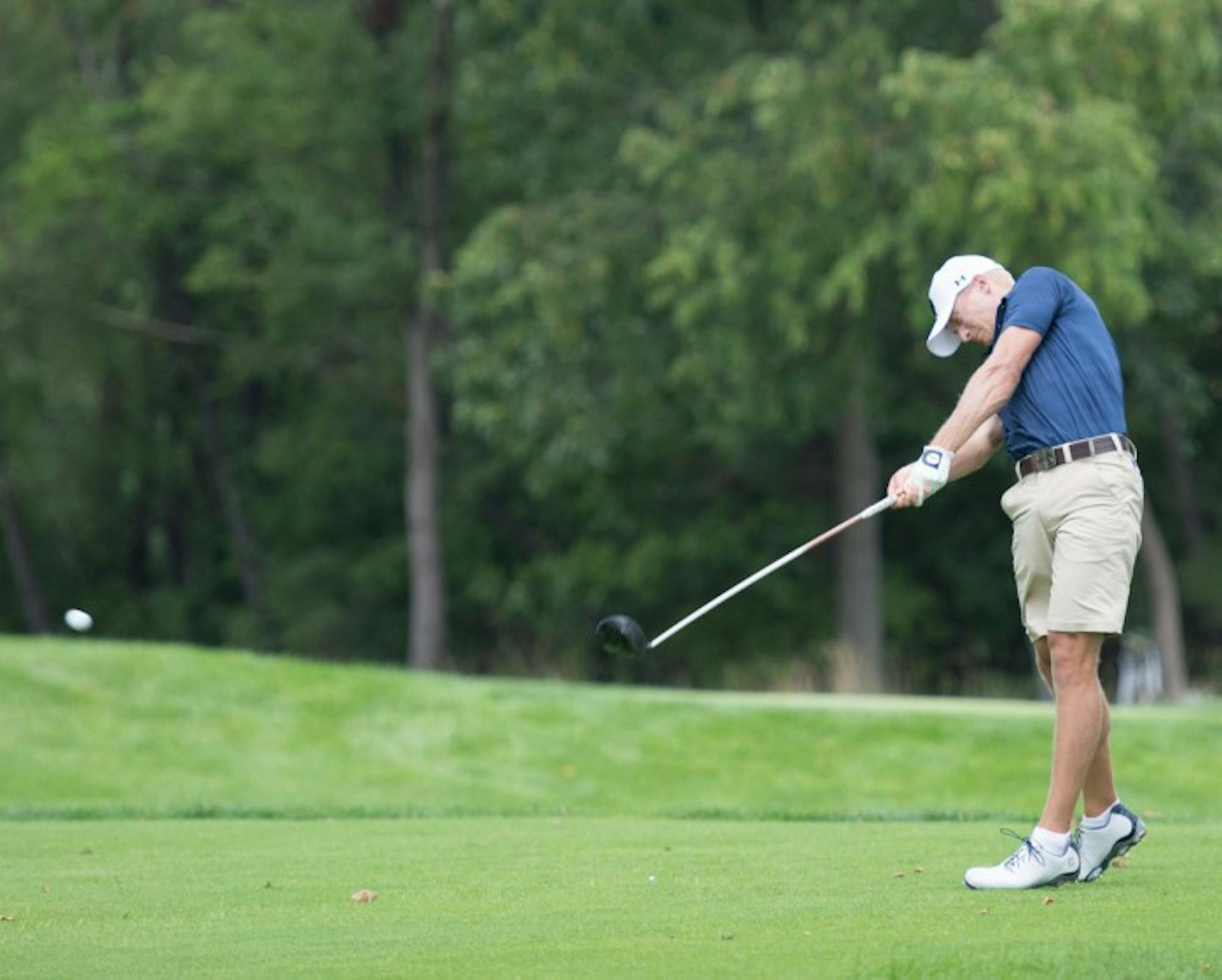 Irish senior David Lowe drives the ball during the Notre Dame Kickoff Challenge at the Warren Golf Course on Aug. 31.