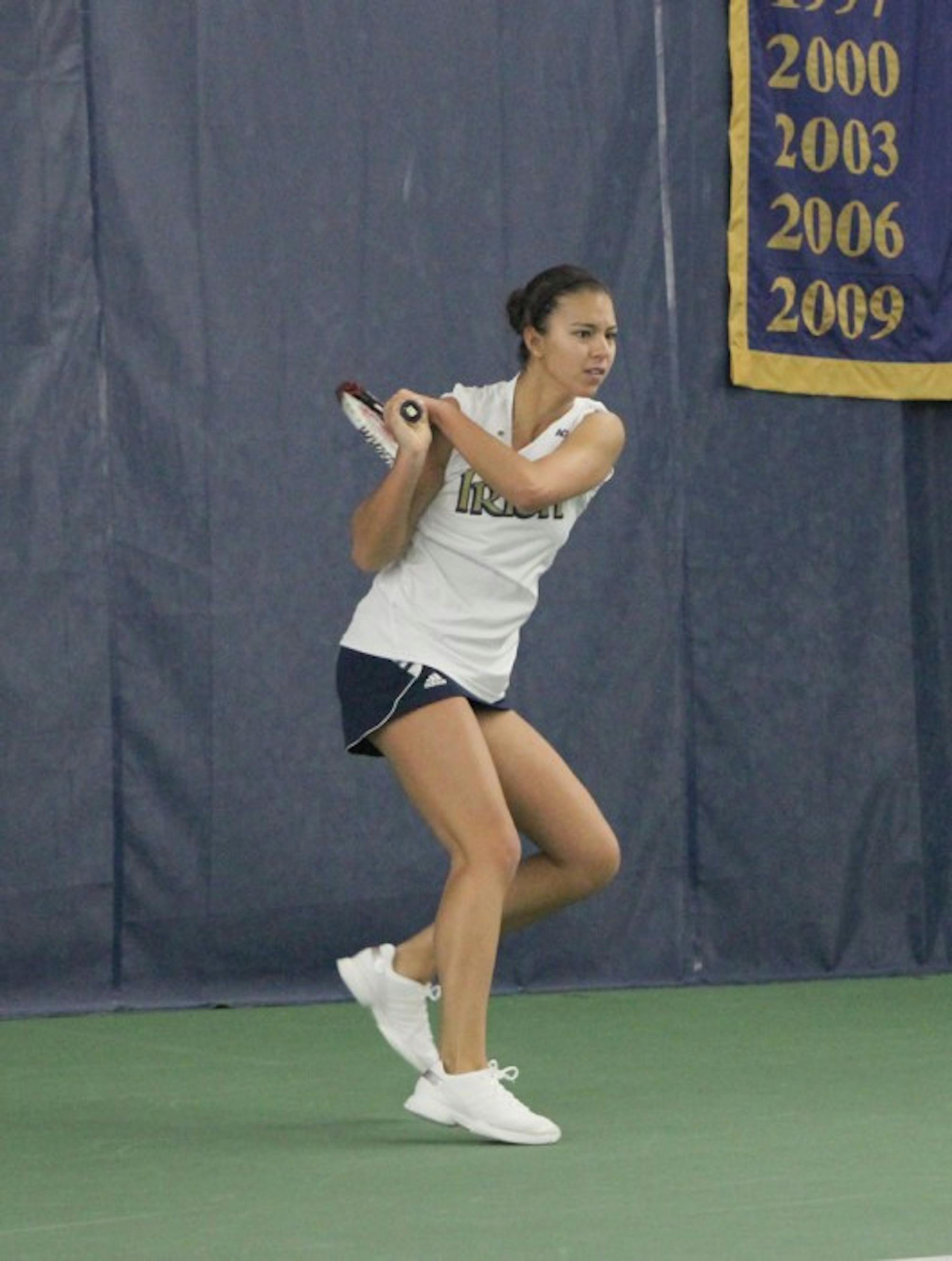Irish senior Britney Sanders returns a volley during Notre Dame’s 4-3 victory over Indiana on Feb. 2 at Eck Tennis Pavilion.