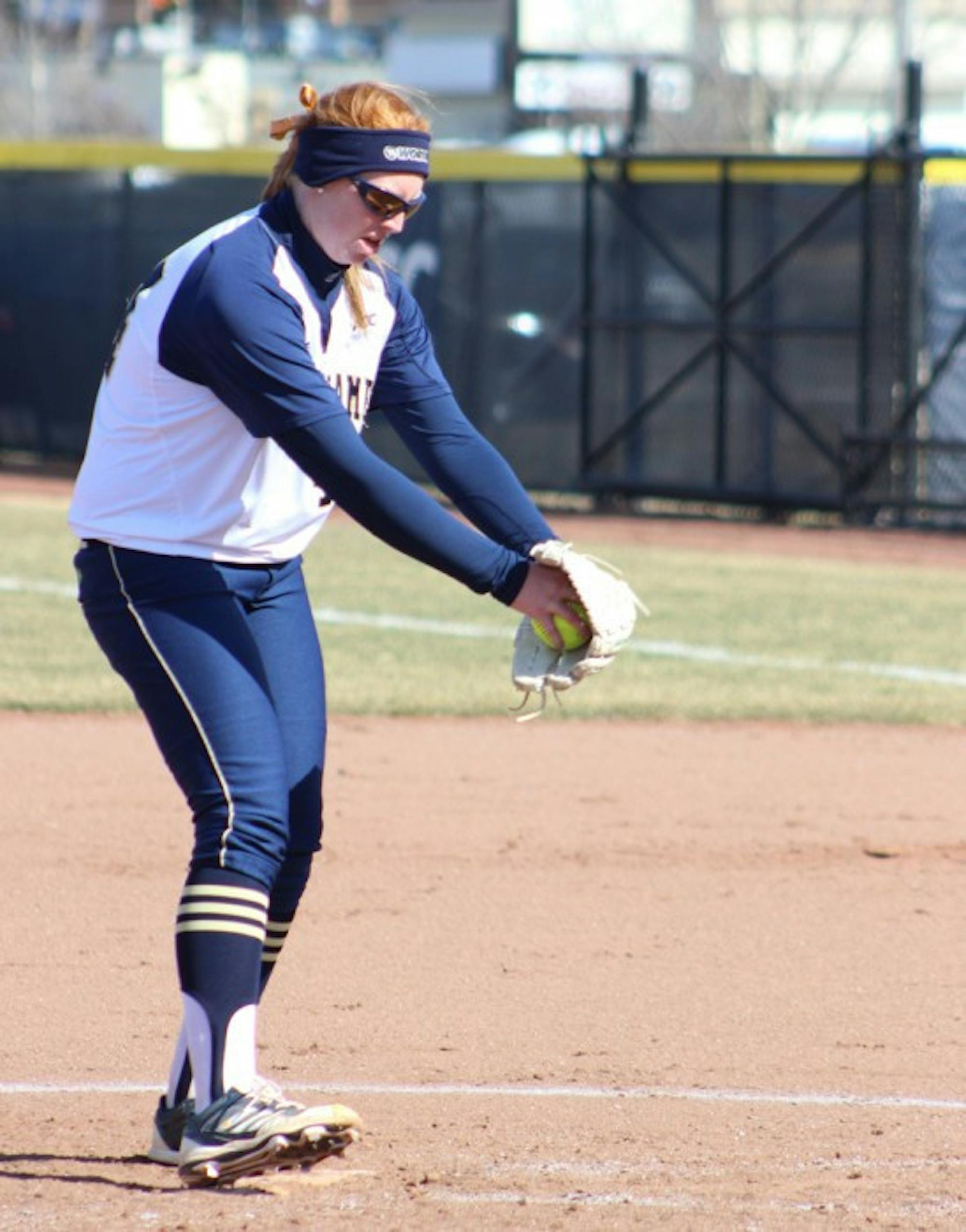 Senior pitcher Laura Winter winds up in Notre Dame's 11-4 win over Ball State on April 1 at Melissa Cook Stadium.